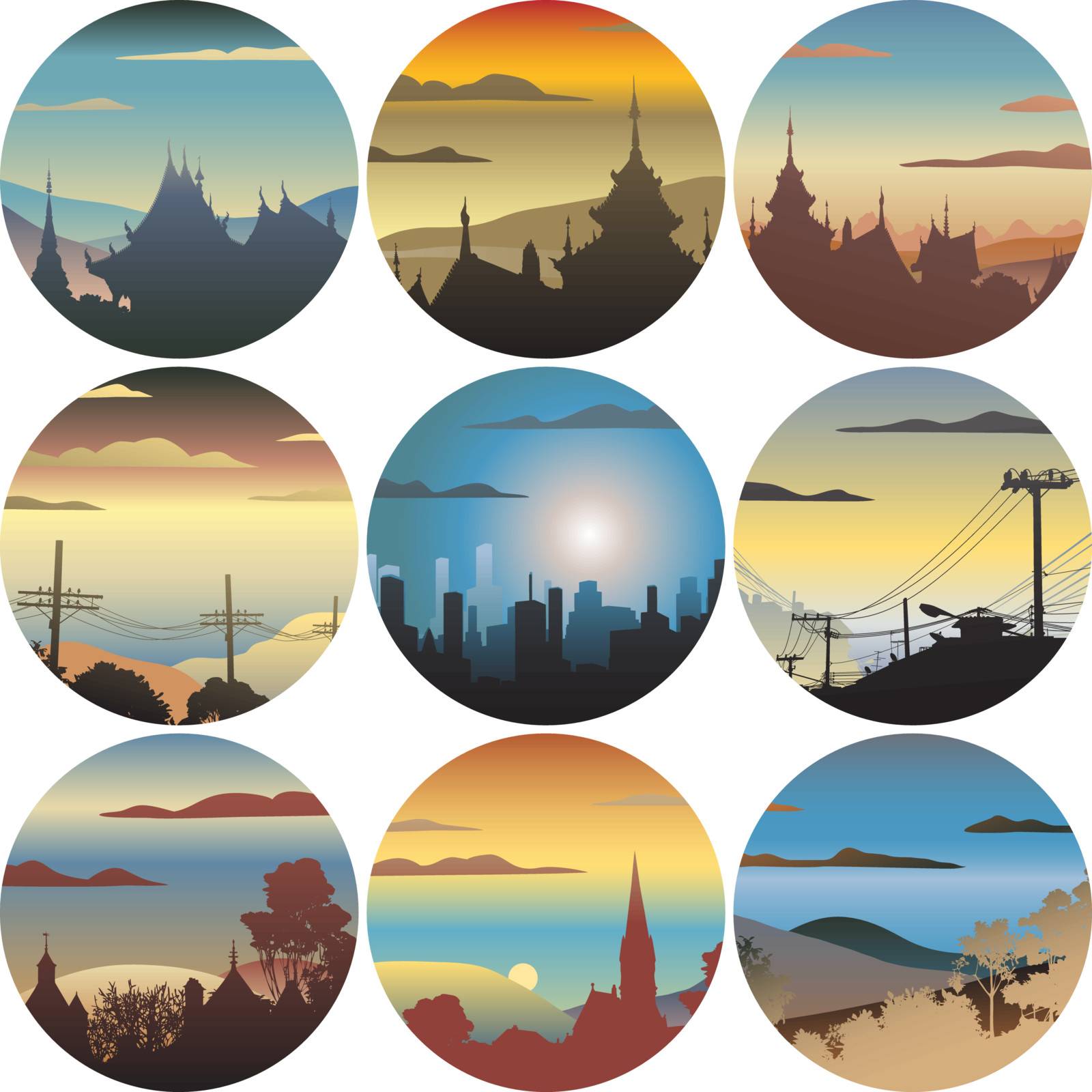 Set of colorful editable vector circular illustrations of landscapes and buildings 