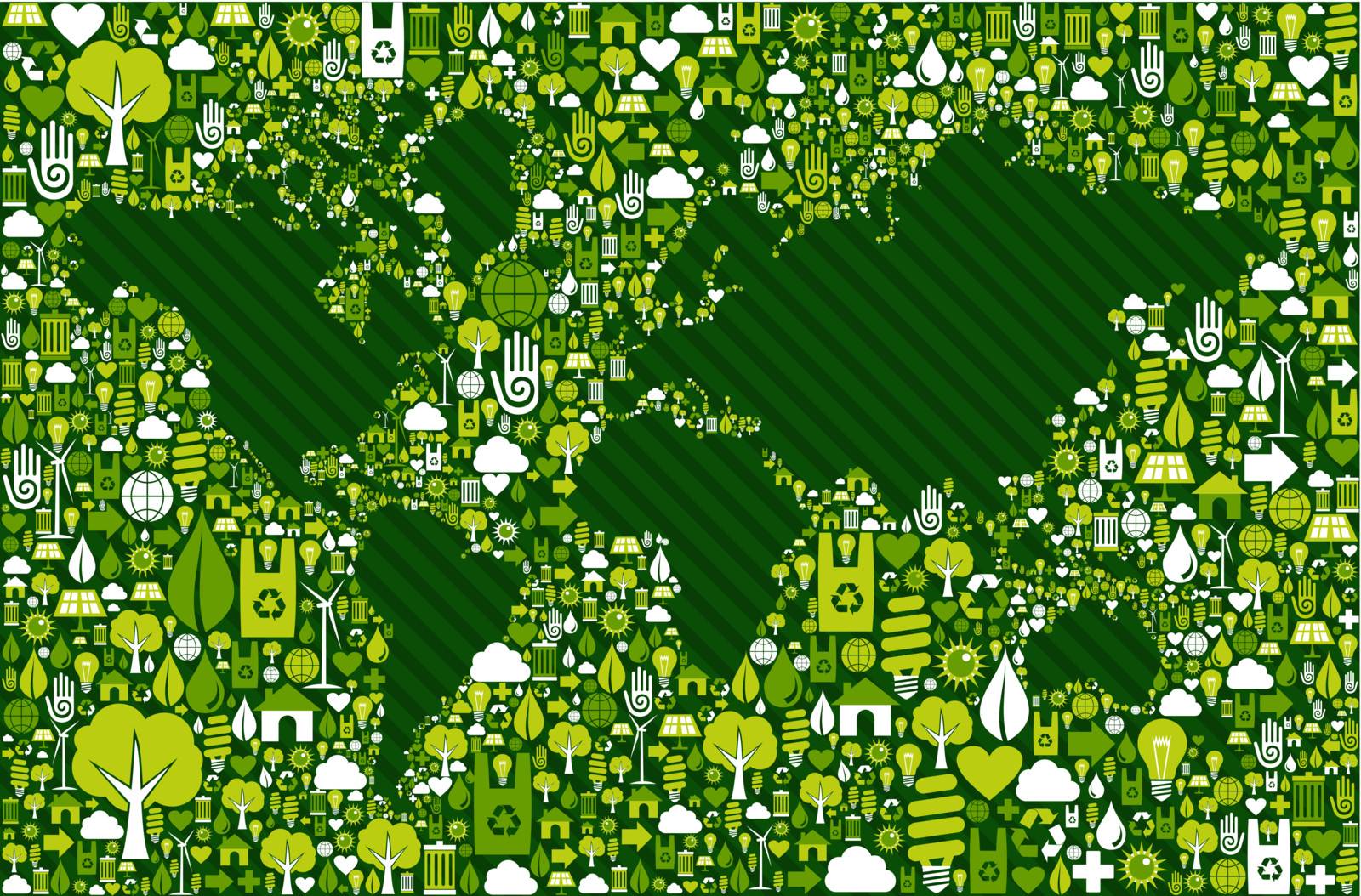 Green environment icon set around World map shape. Vector file layered for easy manipulation and custom coloring.