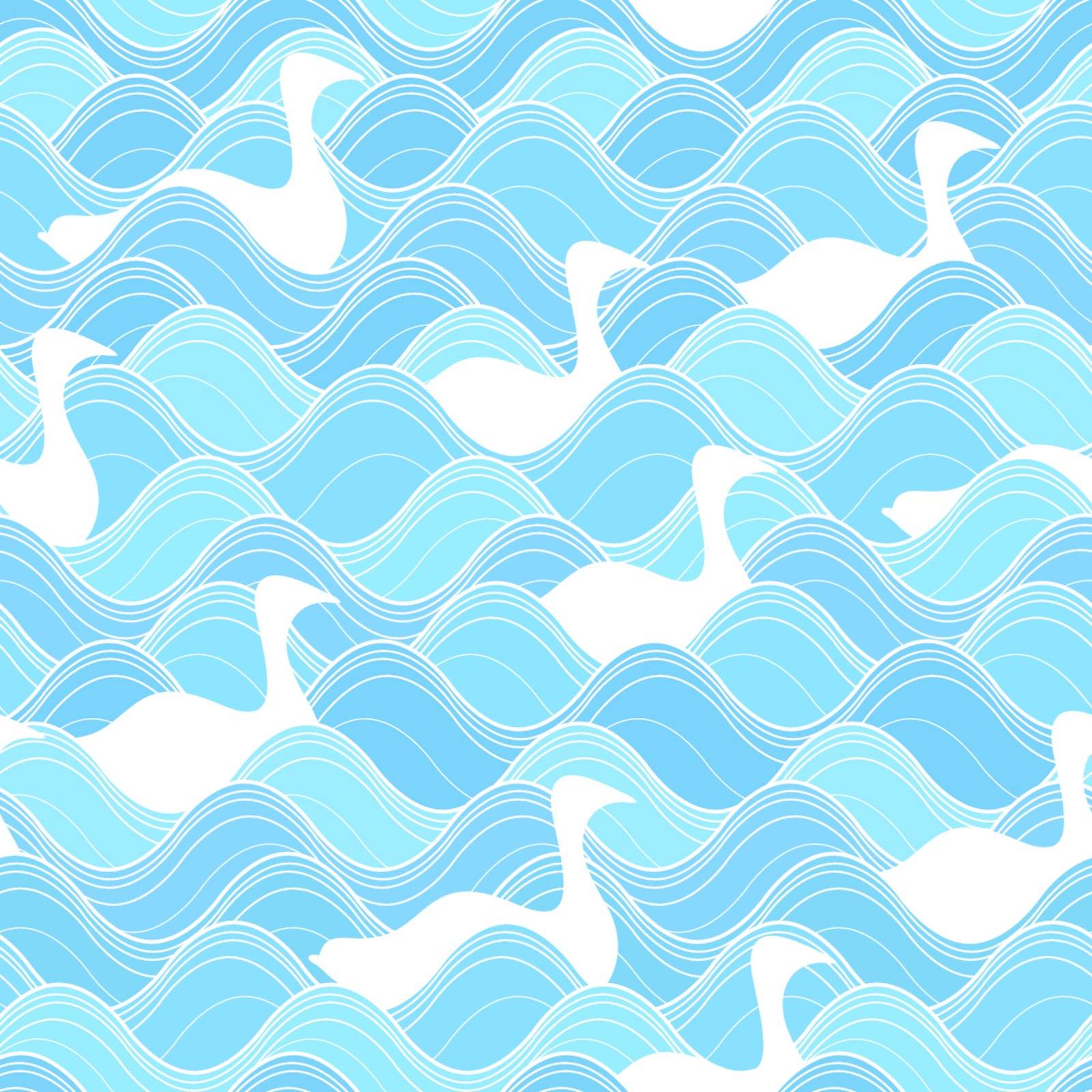 Editable vector seamless tile illustration of white birds on blue water waves with birds easily removable to leave water pattern