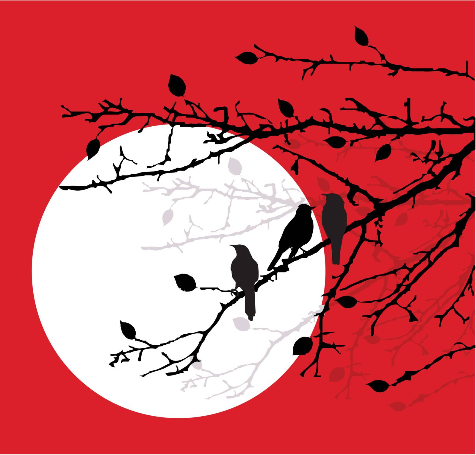 vector birds on branches in the light of the moon
