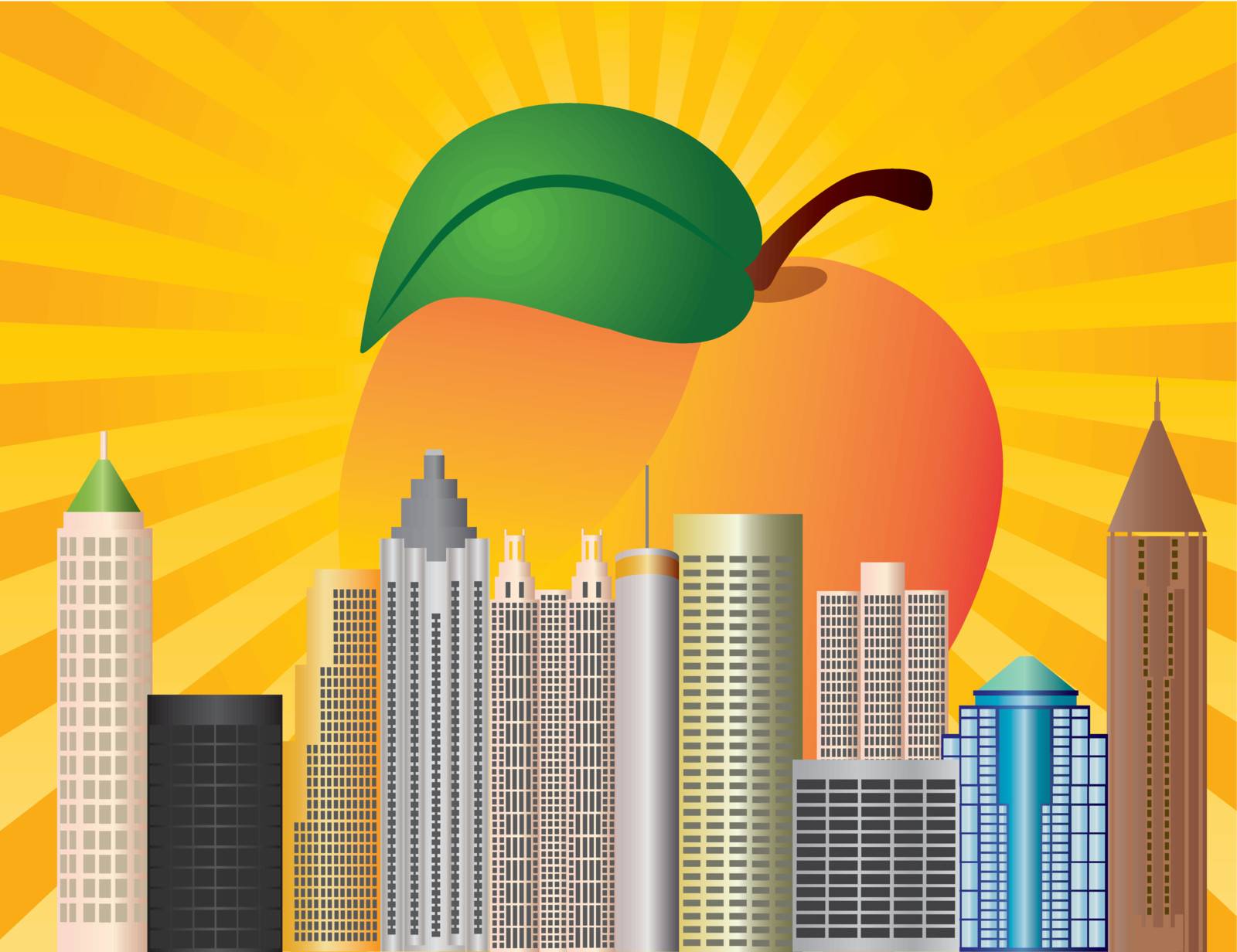 Atlanta Georgia City Skyline  with Sun Rays and Peach Fruit in Background Illustration