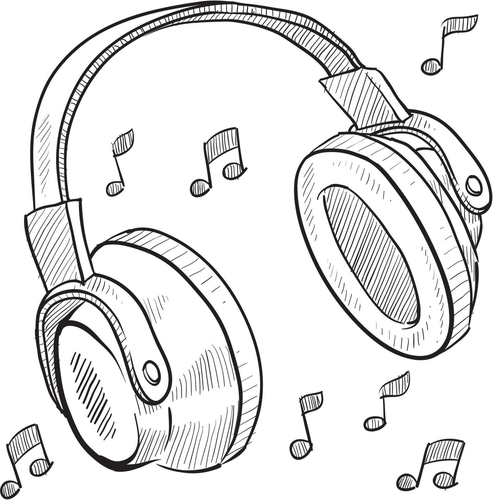 Doodle style headphones vector illustration with musical notes