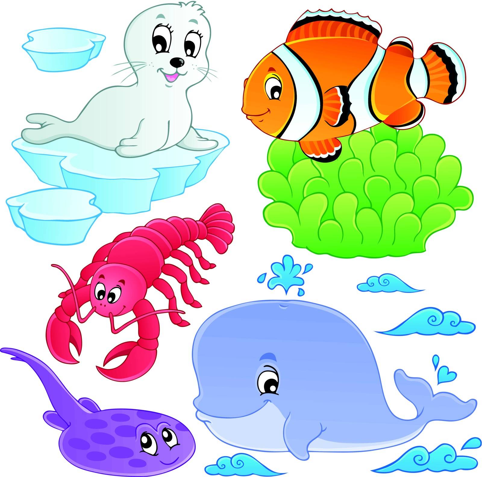 Sea fishes and animals collection 5 - vector illustration.