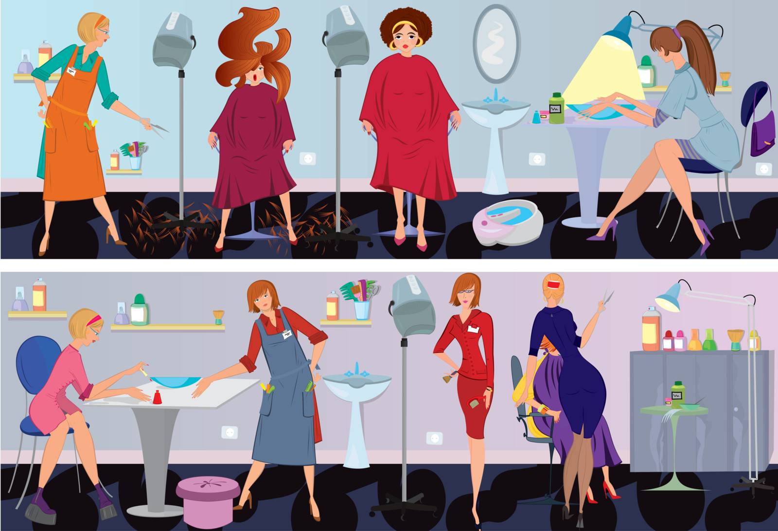 Beauty salon  workers and clients in different situations

