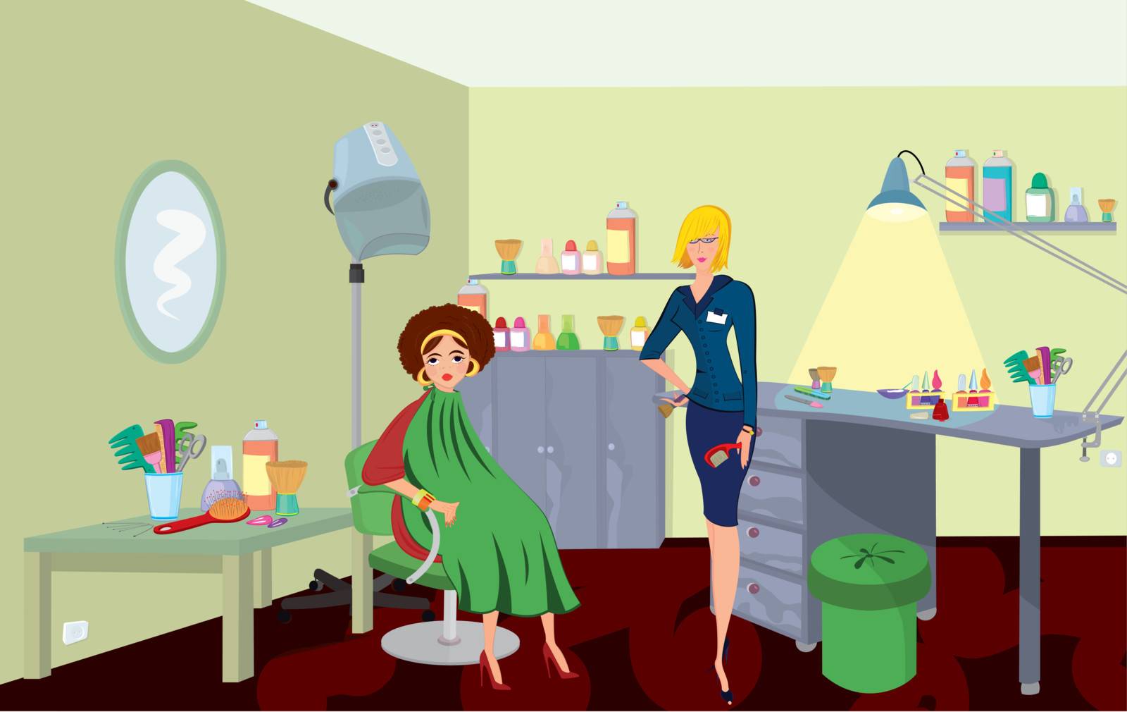 Beauty salon professional with comb  and a client in green robe by Zebra-Finch