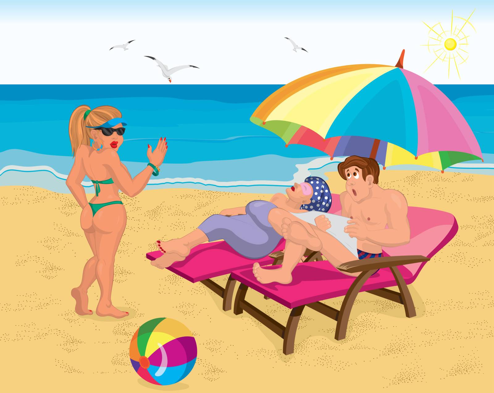 Vector illustration of a married couple under umbrella on the beach and young girl saying hello
