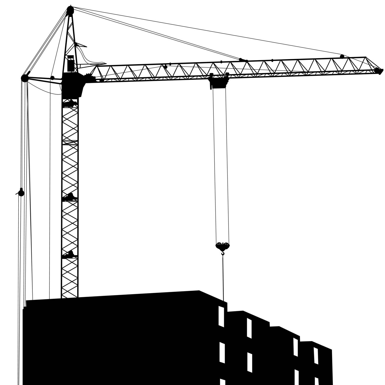 Silhouette of one cranes working on the building on a white back by aarrows