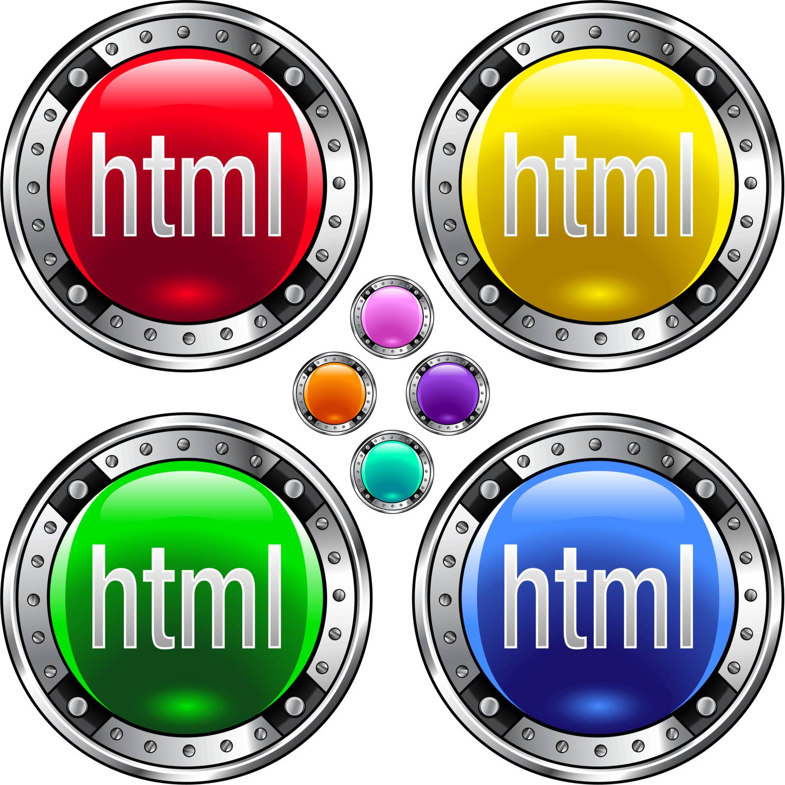 HTML file extension icon on round colorful vector buttons suitable for use on websites, in print materials or in advertisements. Set includes red, yellow, green, and blue versions.