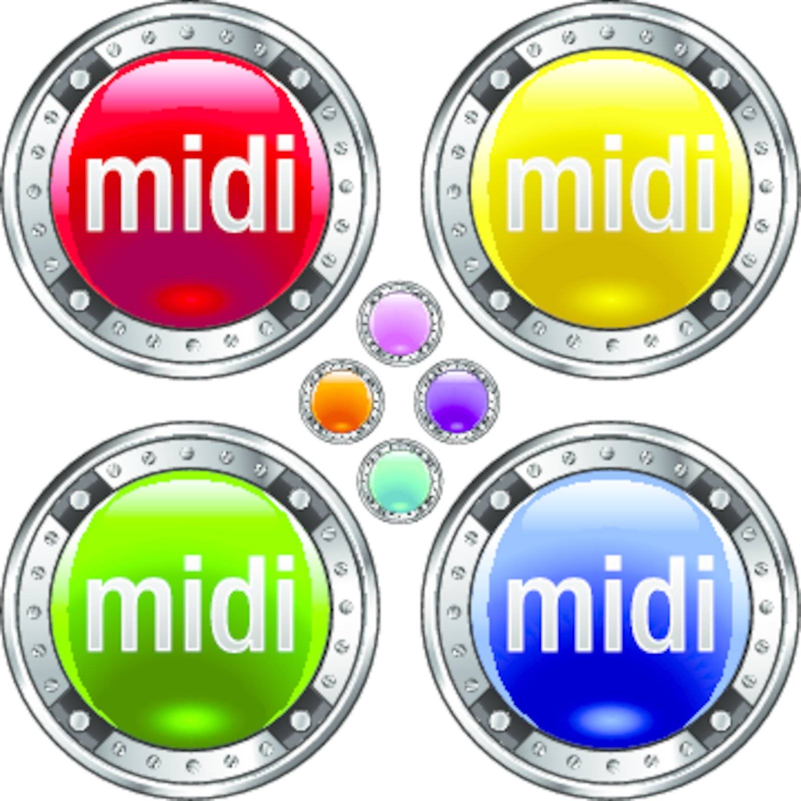 MIDI file extension icon on round colorful vector buttons suitable for use on websites, in print materials or in advertisements. Set includes red, yellow, green, and blue versions.