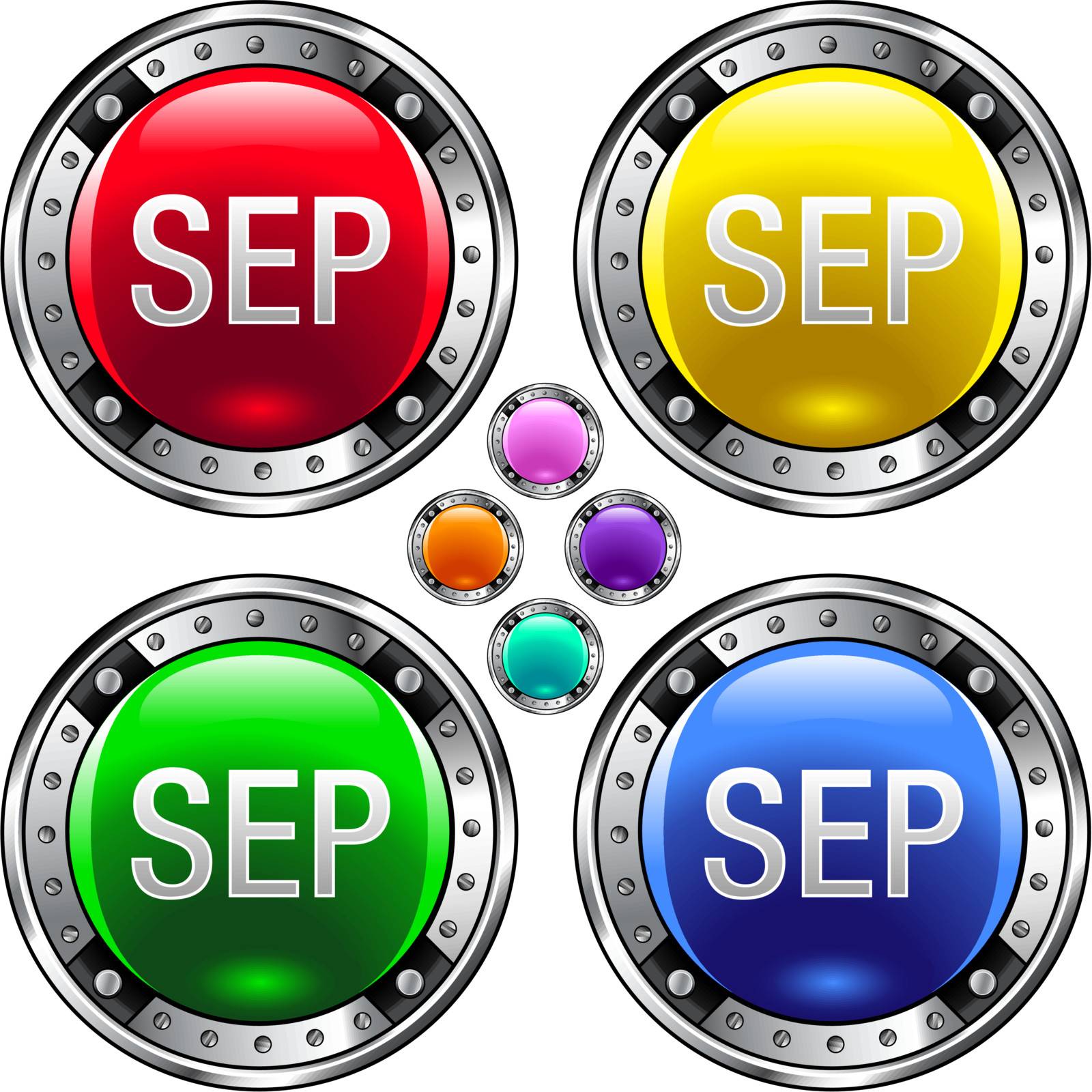 September calendar month icon on round colorful vector buttons suitable for use on websites, in print materials or in advertisements. Set includes red, yellow, green, and blue versions.