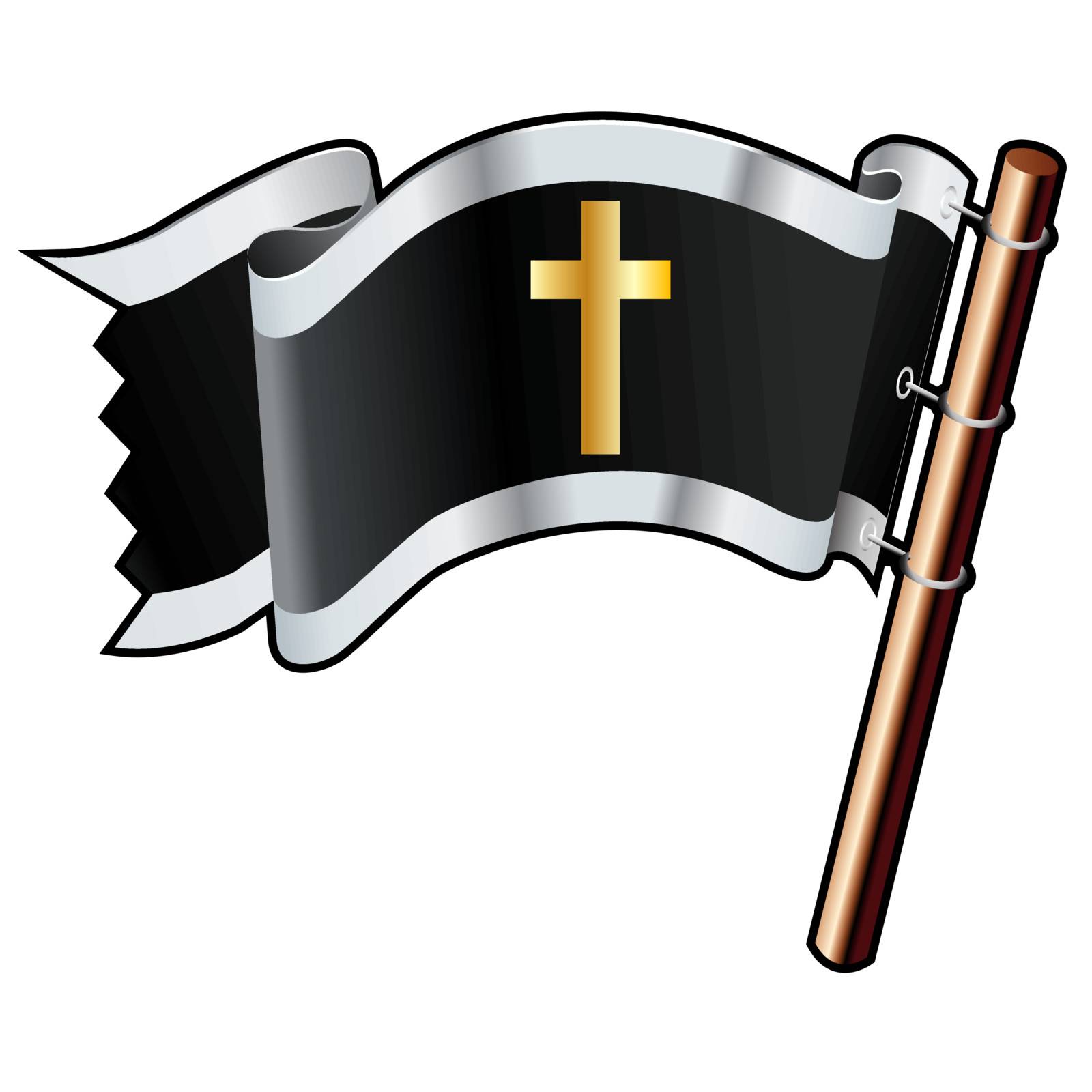 Christian cross religious icon on black, silver, and gold vector flag good for use on websites, in print, or on promotional materials