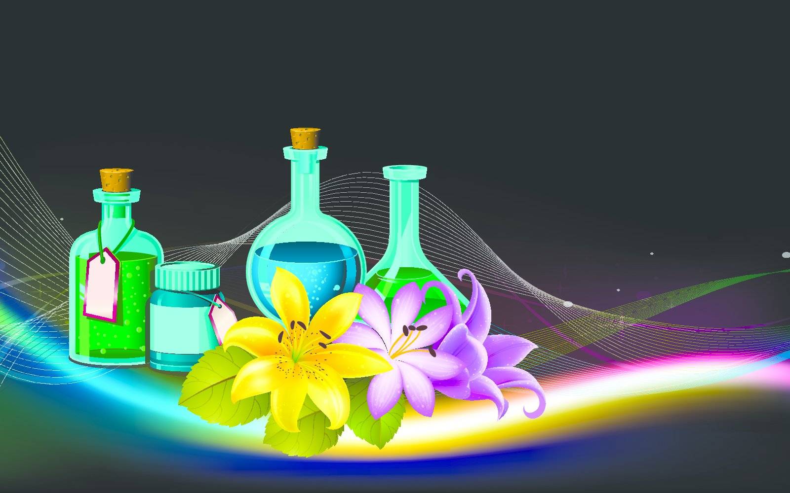 aroma spa oil bottles and flower illustration