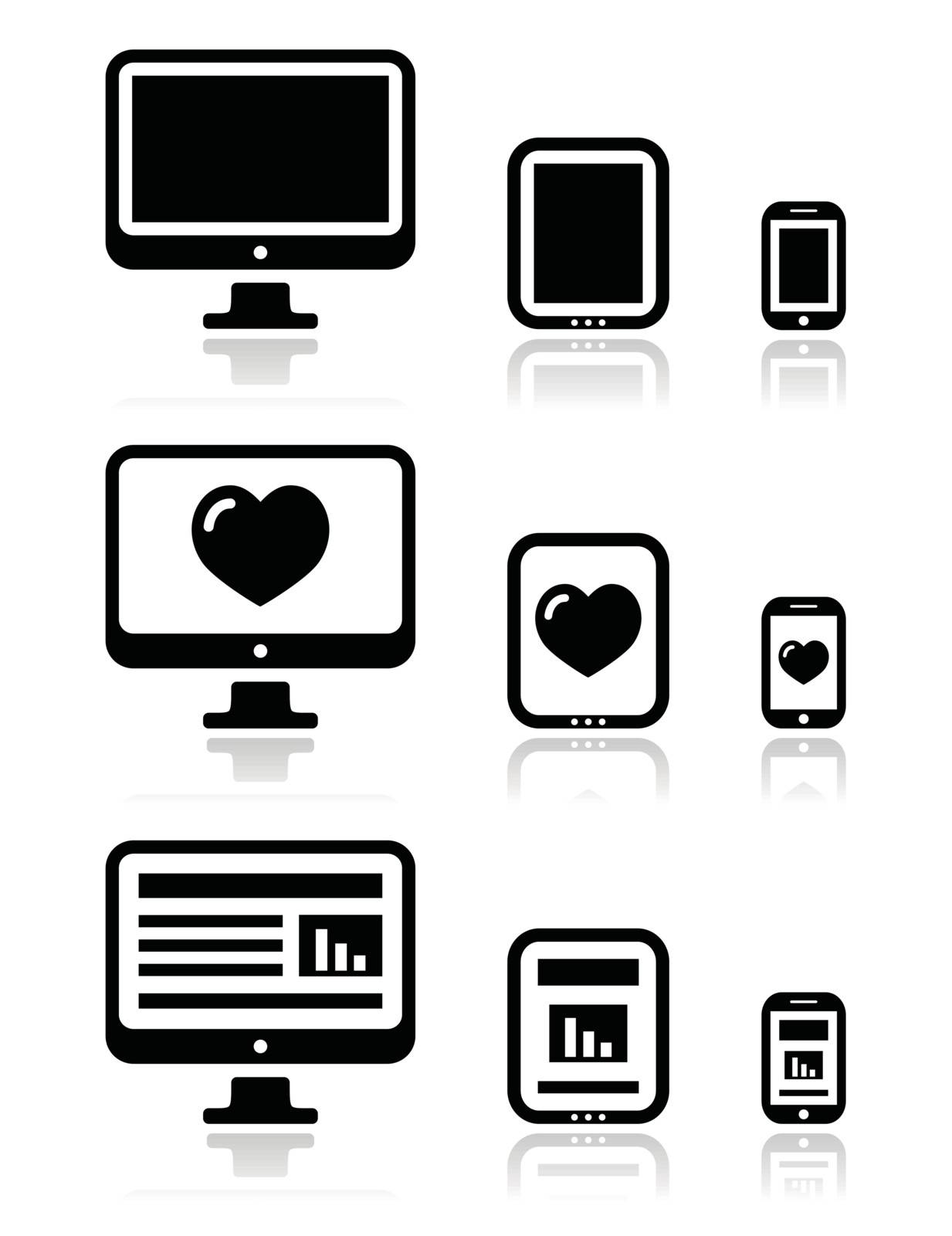 Monitor, tablet, smartphone black glossy icons set - responsive webdesgin / webdevelopment concept