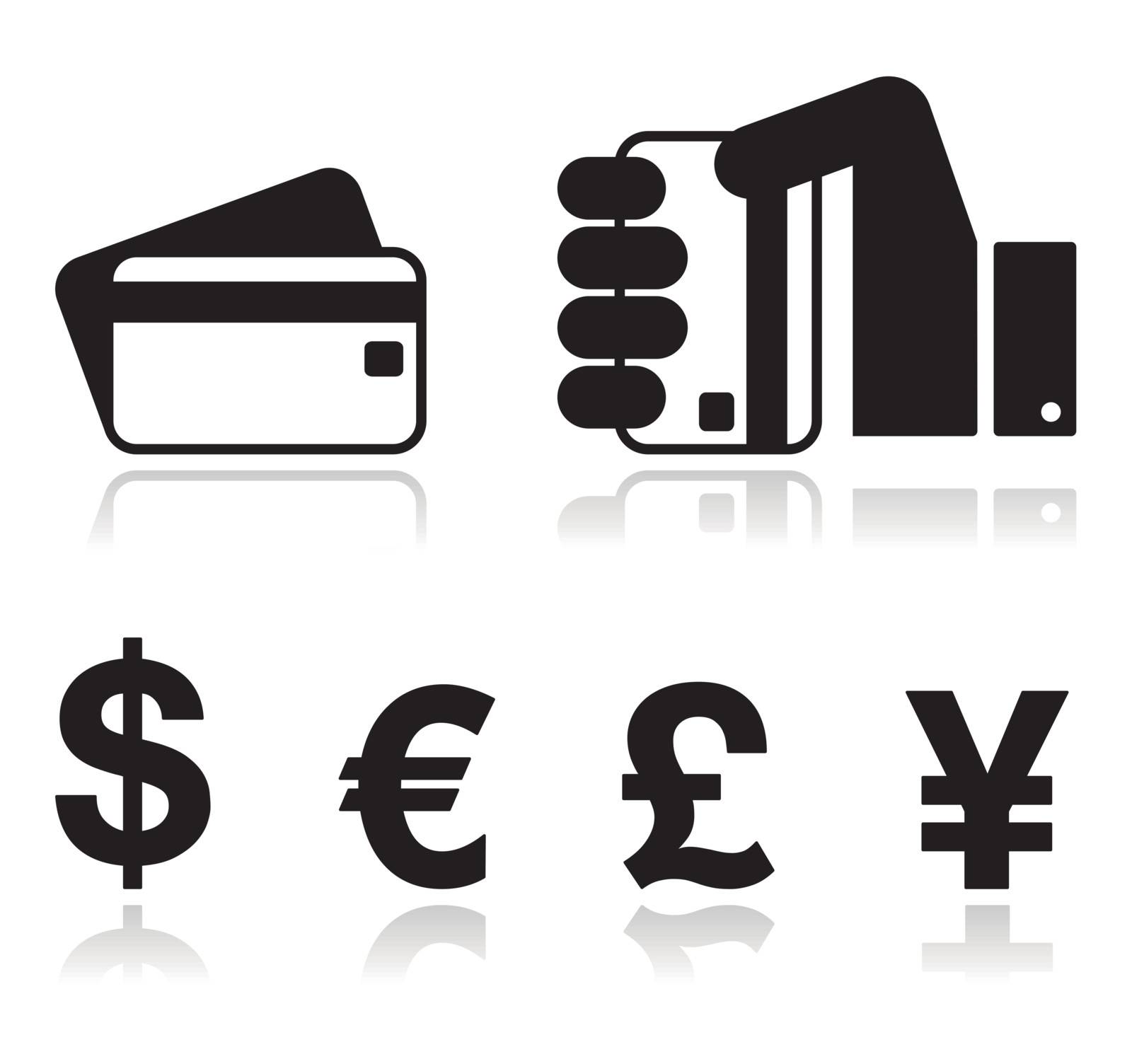 Black glossy icons: hand holding credit card, currency icons - dollar sign, euro, pound, yen