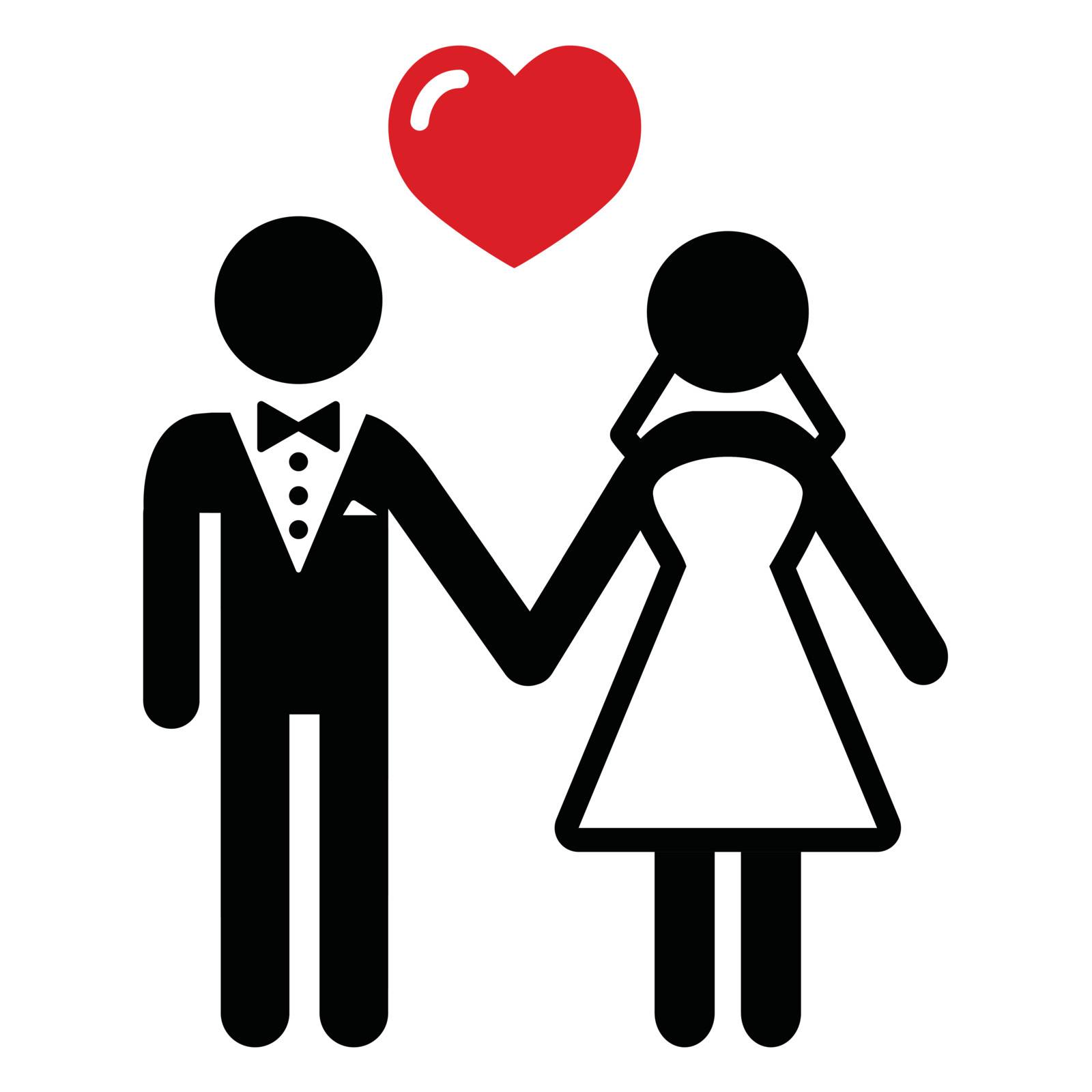 Newlywed couple black simple icon with heart