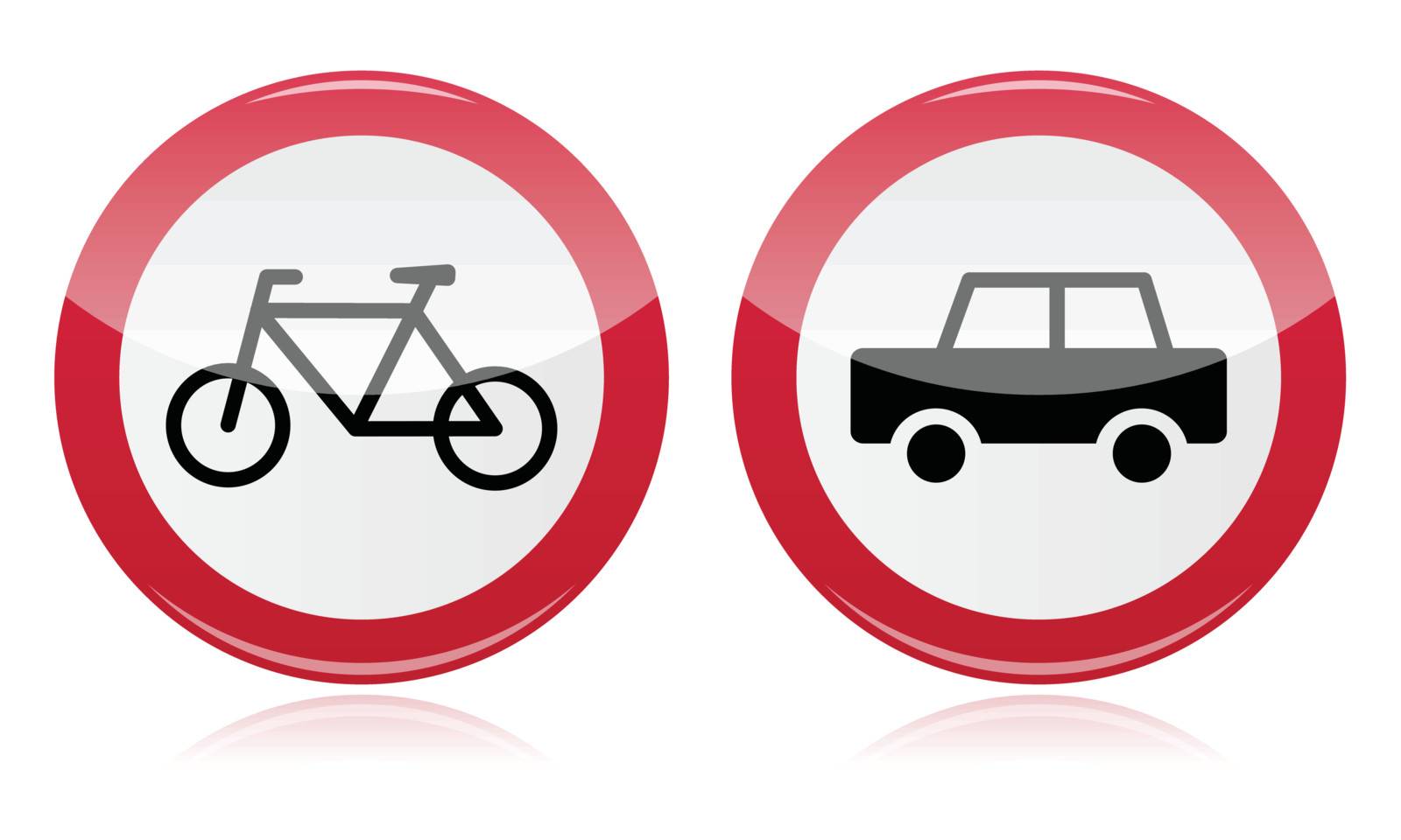 Red circle road sign with auto and bike icons. Caution, warning signs.