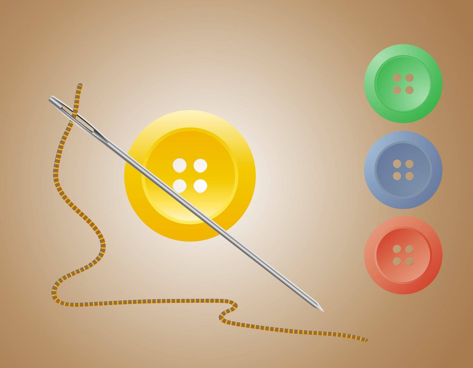 threading a needle on a background of multi-colored buttons