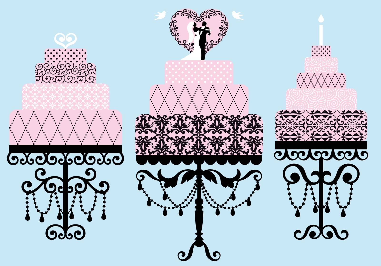 set of patterned wedding and birthday cakes, vector