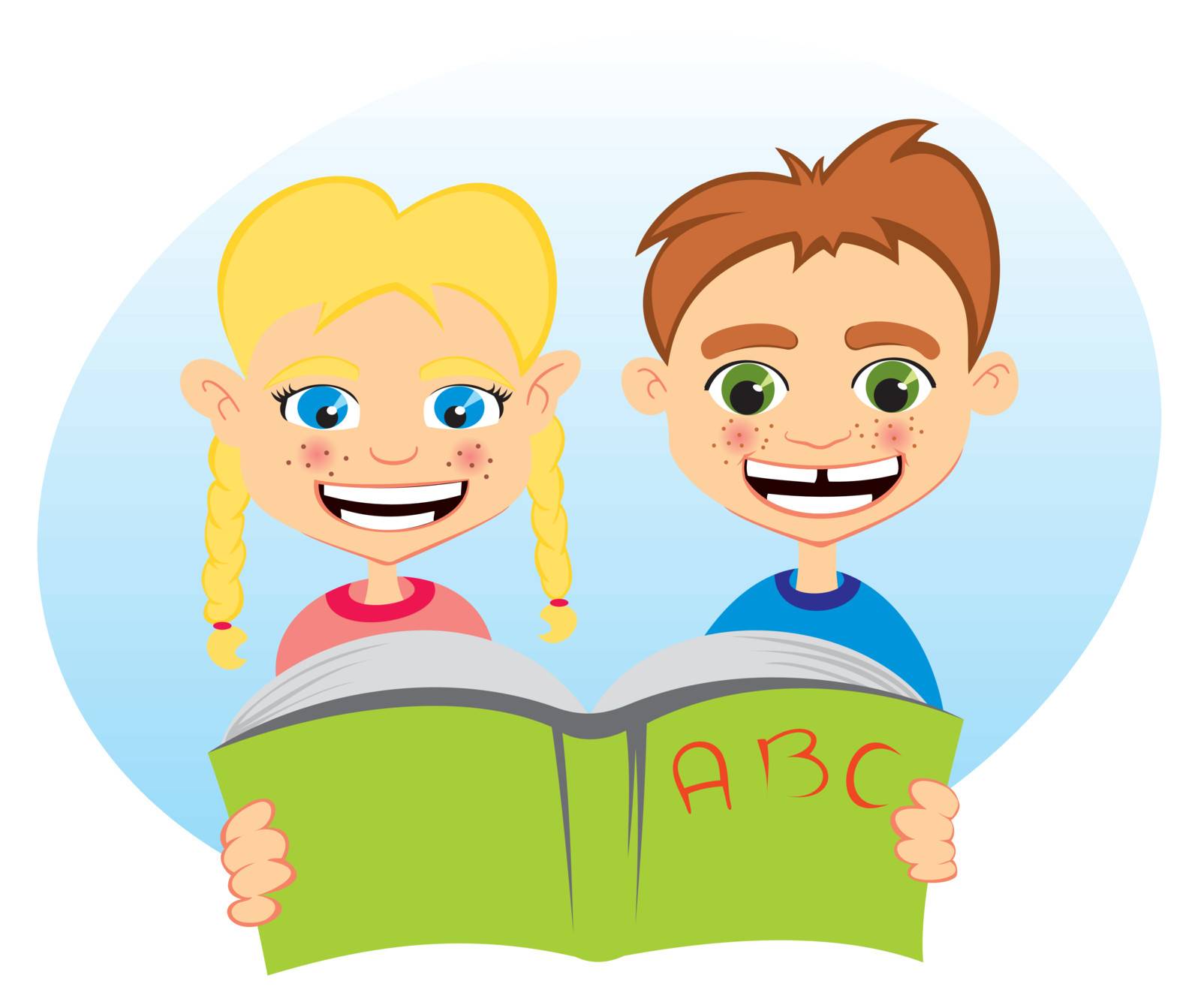 Boy and girl reading together from one book