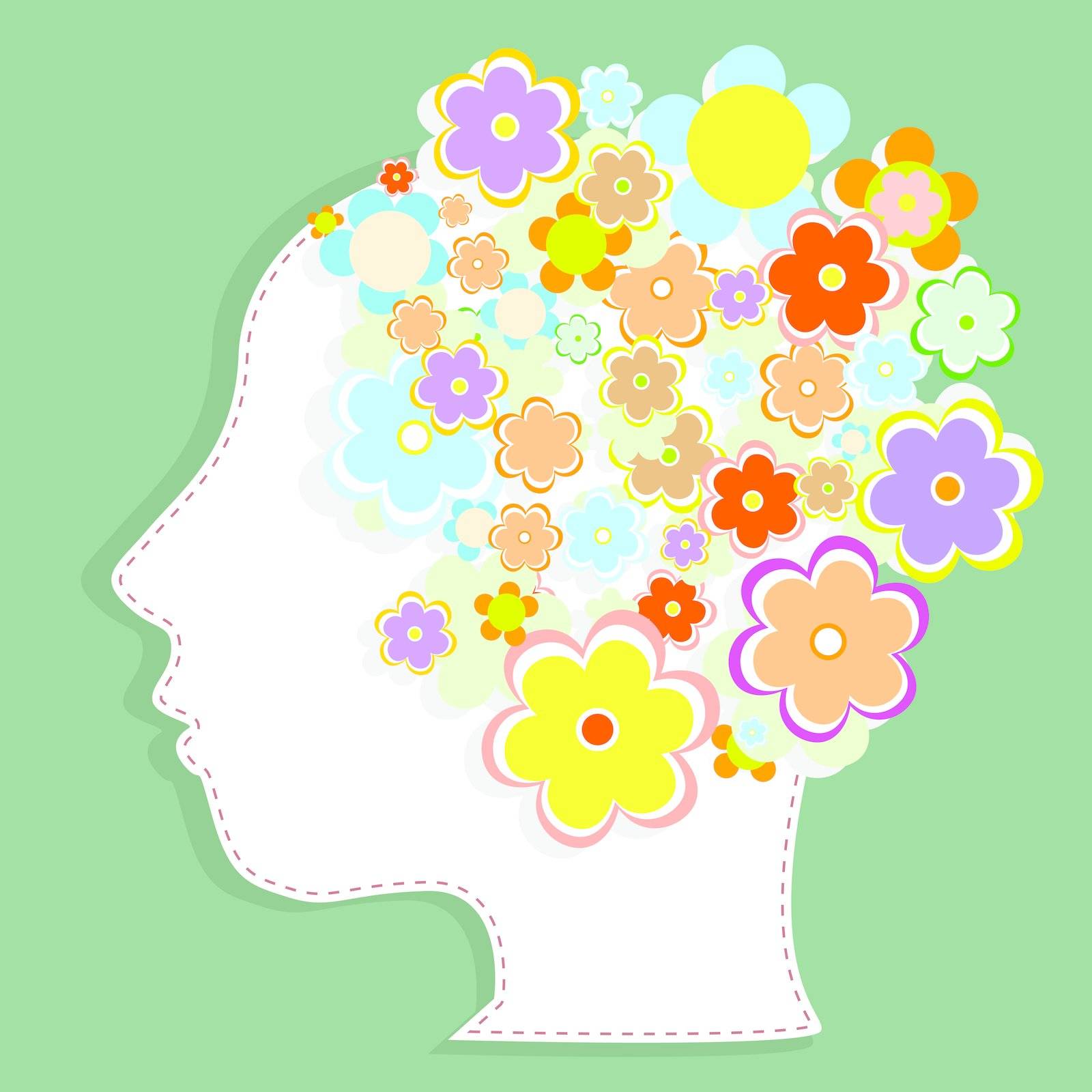silhouette of a woman's head filled with cute flowers. vector