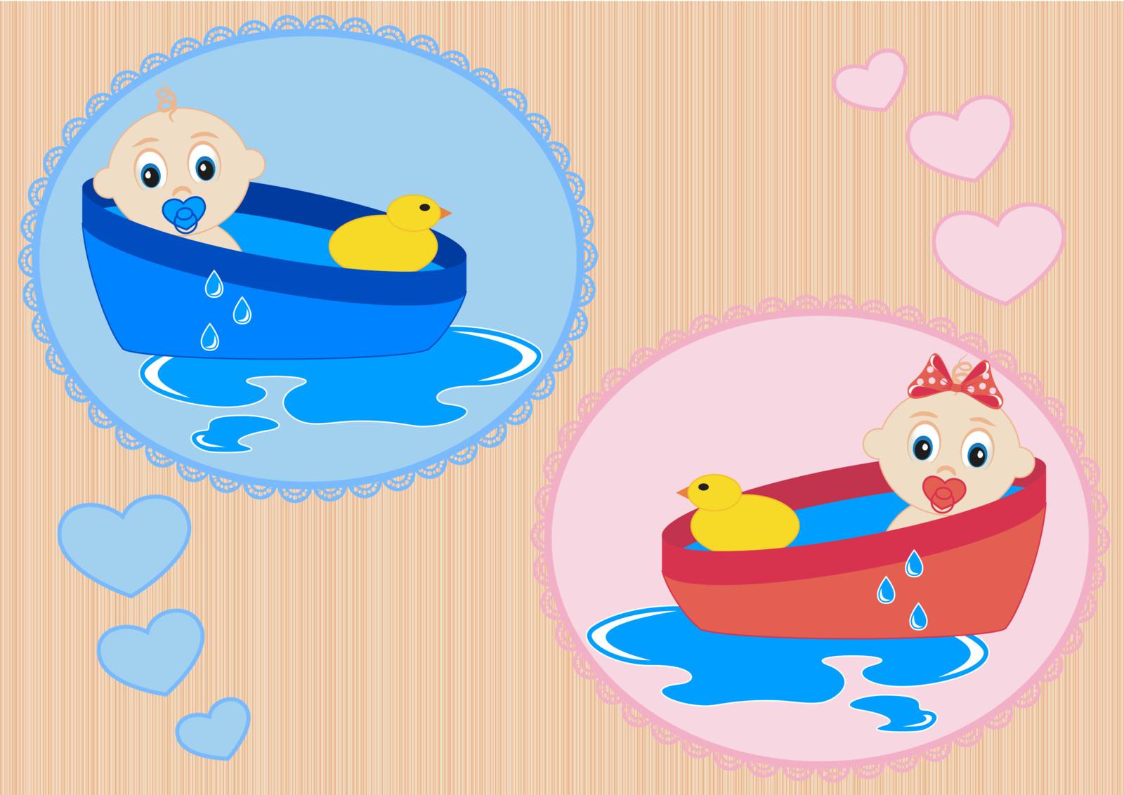 Children bathe in the bath with toy duck