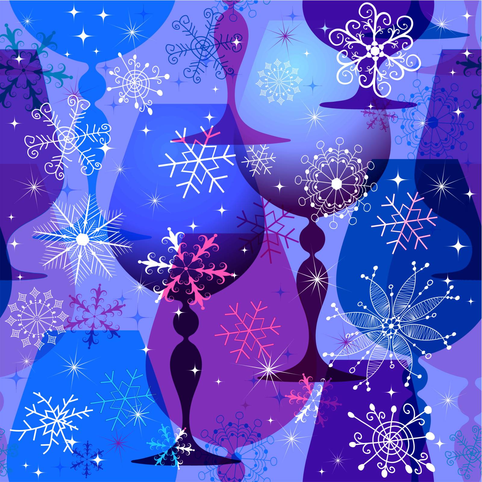 Christmas seamless pattern with translucent blue glasses and snowflakes. (vector EPS 10)