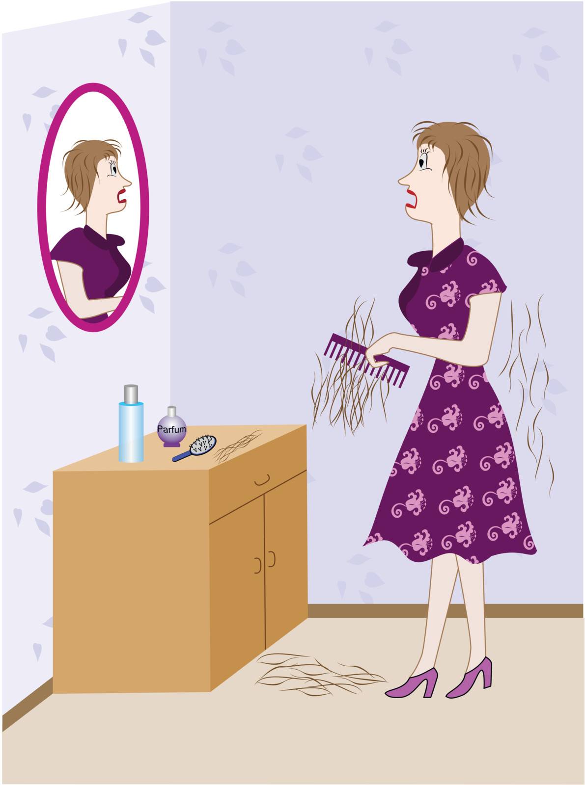 frightened woman with thinning hair stands at the mirror with a hairbrush in her hand