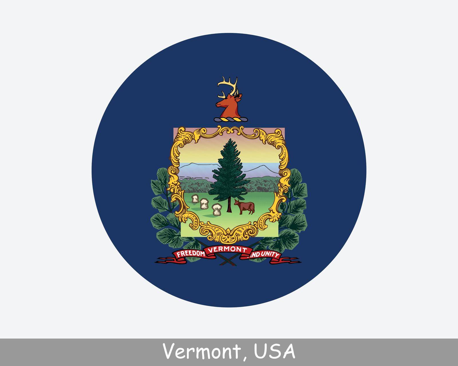 Vermont Round Circle Flag. VT USA State Circular Button Banner Icon. Vermont United States of America State Flag. The Green Mountain State EPS Vector