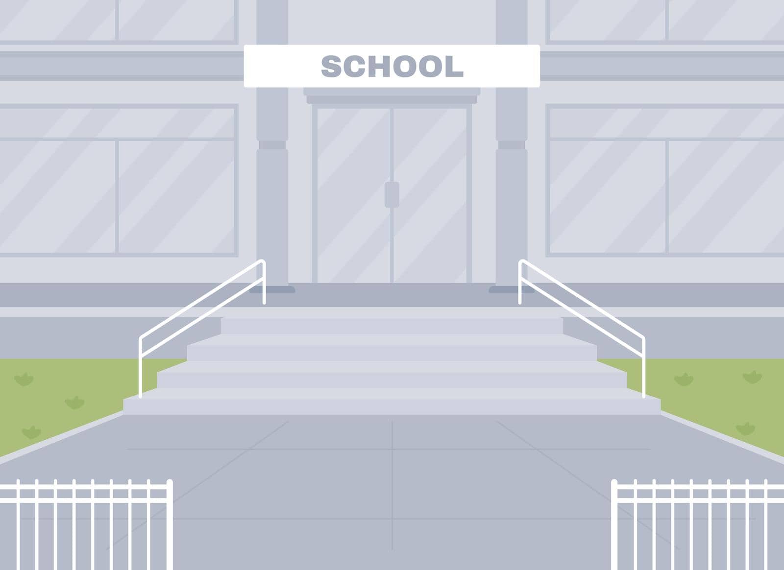 Empty school entrance flat color vector illustration. School building facade 2D cartoon exterior with entry on background. No students at entrance. Coronavirus precaution. Covid quarantine.