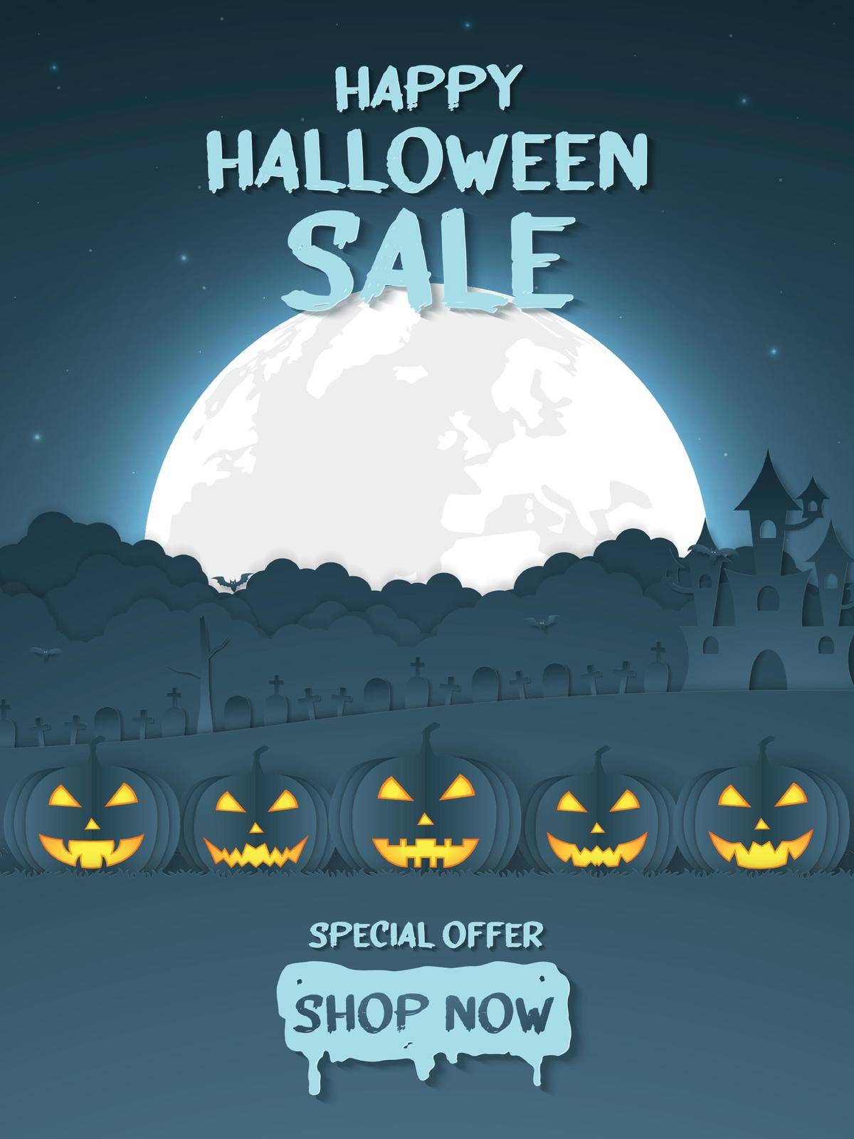 Happy Halloween sale banner, pumpkin head with castle, graveyard on the hill and full moon, paper art style