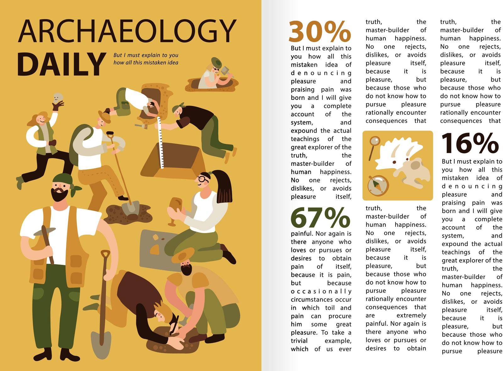 Archaeologists daily work infographic presentation with tasks description  discoveries statistics text funny characters excavation site vector illustration 