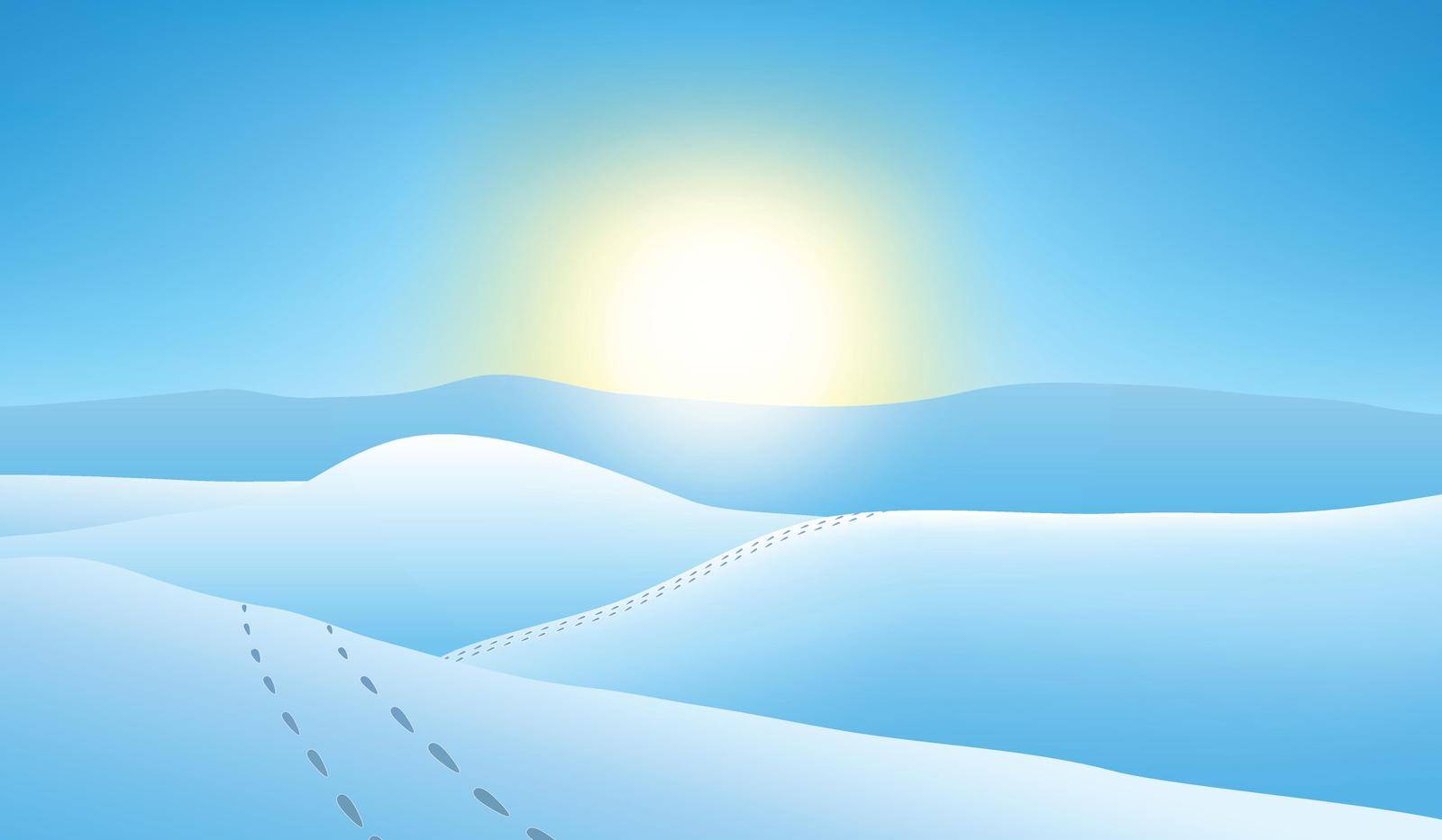 Snowy mountains at sunset. Blue winter landscape vector illustration.