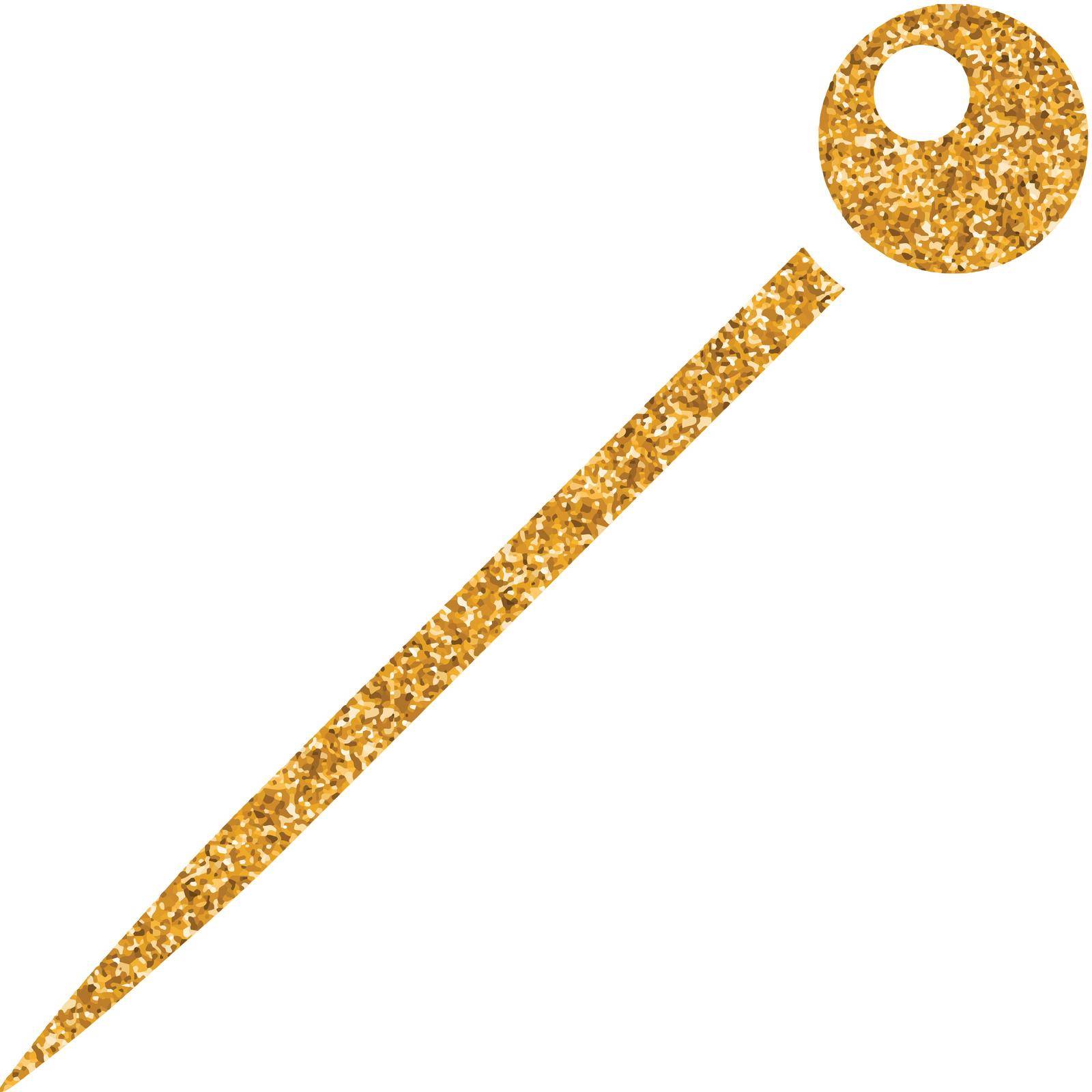 Needle icon in gold glitter texture. Sparkle luxury style vector illustration.