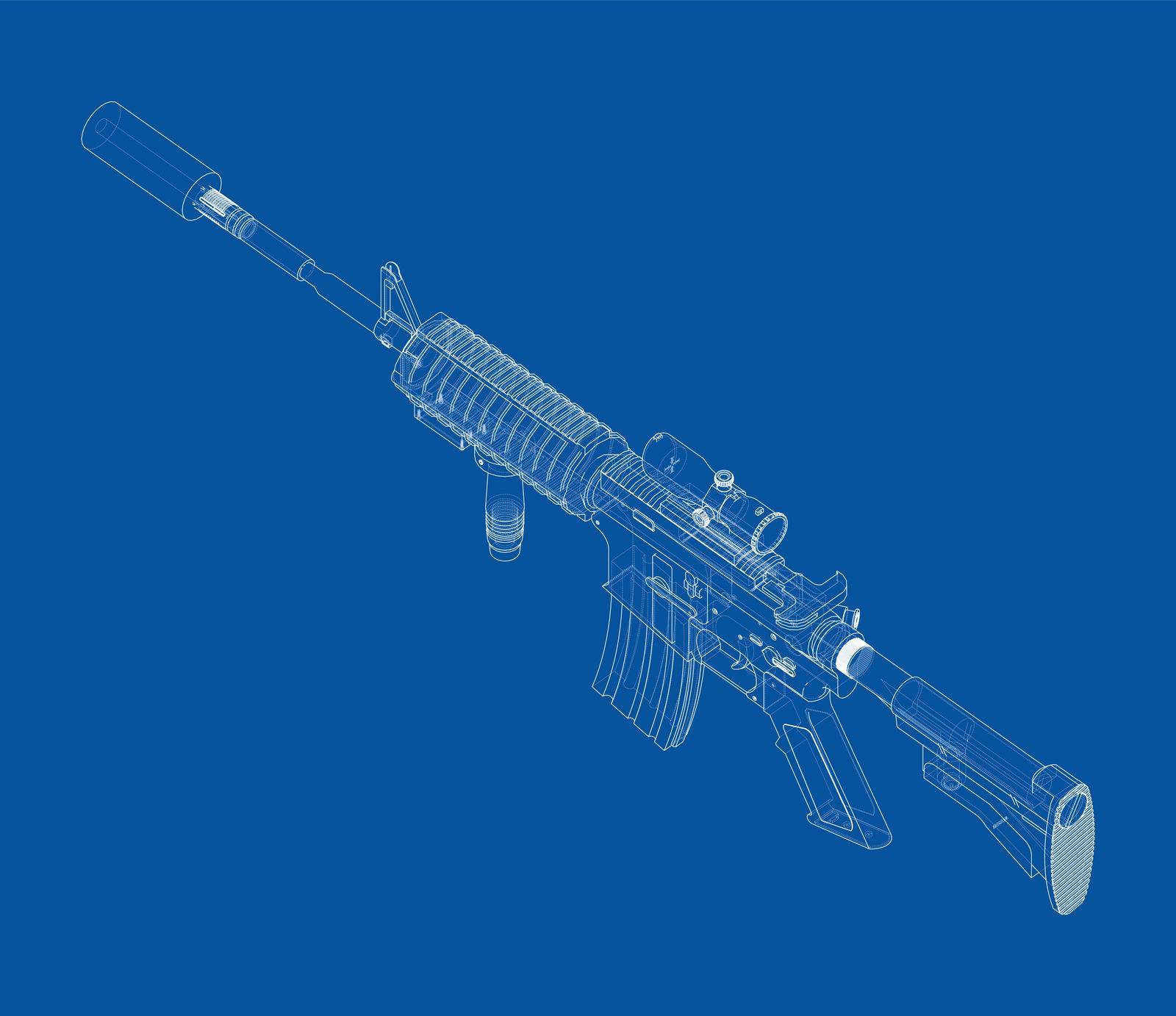 Army weapons. Vector rendering of 3d. Wire-frame style. The layers of visible and invisible lines are separated. Orthography or isometric