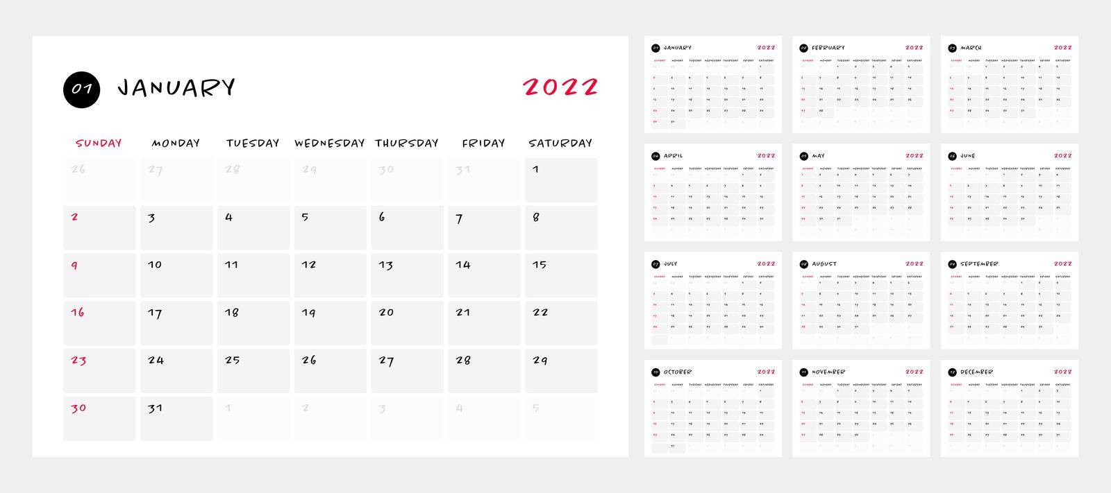 Calendar 2022, 12 month in clean minimal table simple style. Calendar 2022 template. Calendar planning week. by windawake