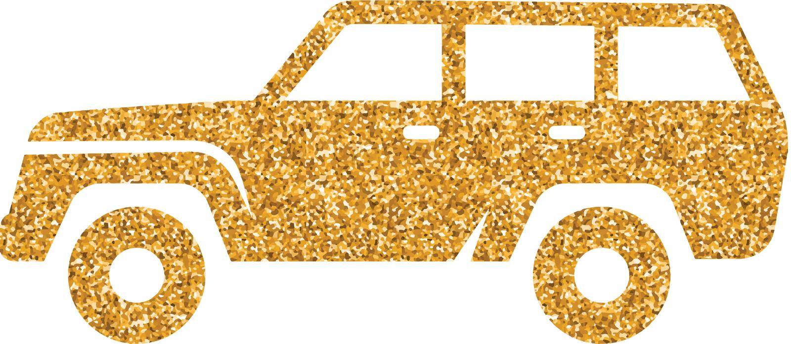 Car icon in gold glitter texture. Sparkle luxury style vector illustration.