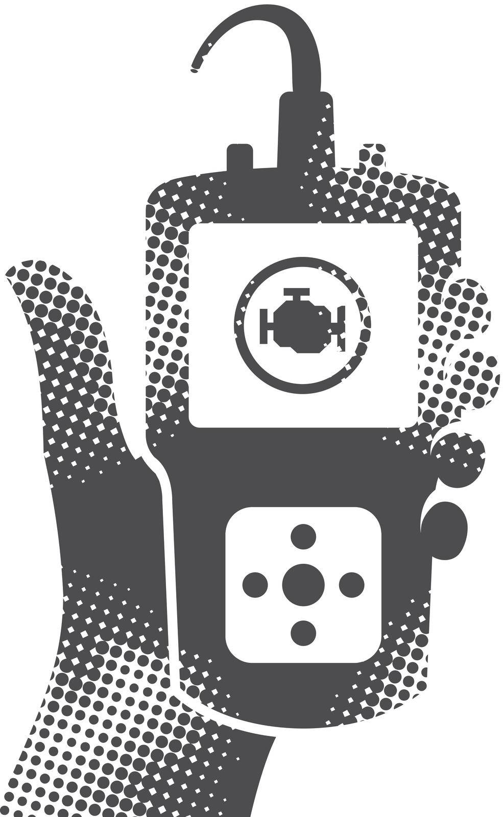 Car diagnostic icons in halftone style. Automotive vehicle maintenance instrument. Black and white monochrome vector illustration.