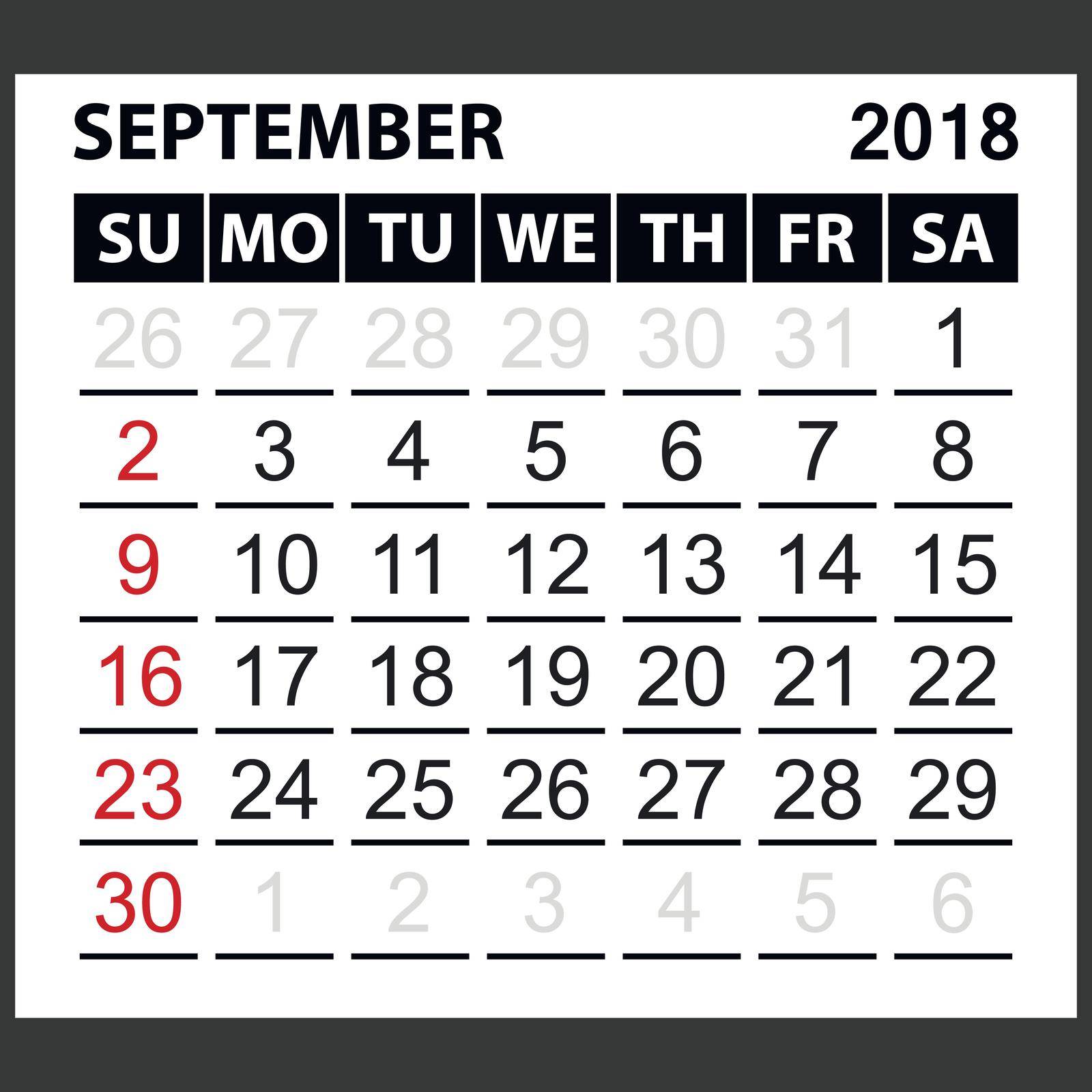calendar sheet September 2018 by koksikoks