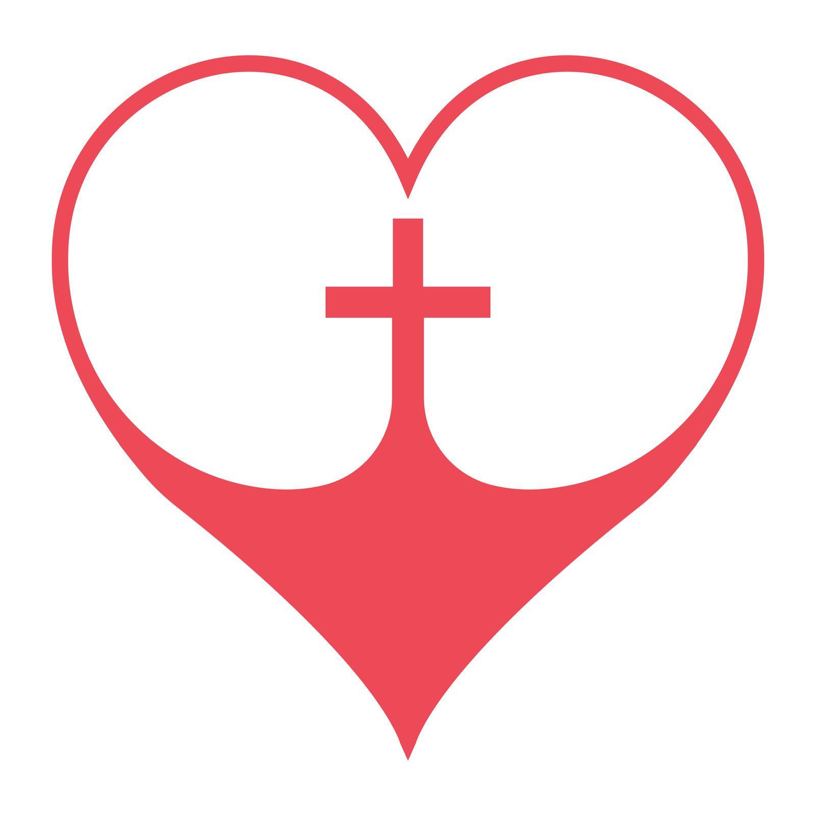 Christian cross in the heart symbol of faith in God, vector red heart with crucifix cross sign of the Christian Community