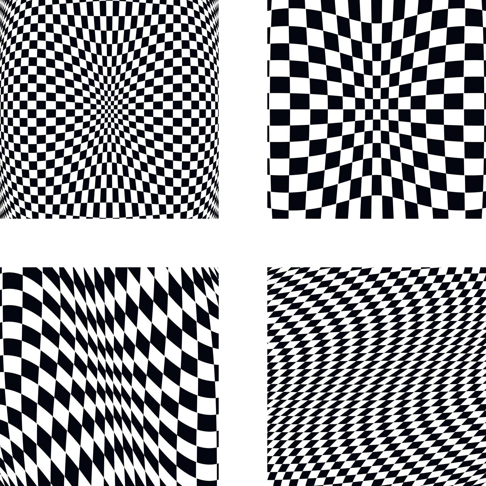 Set volumetric illusions with square mesh 3D geometric latticed textures. Design elements set. Vector art.