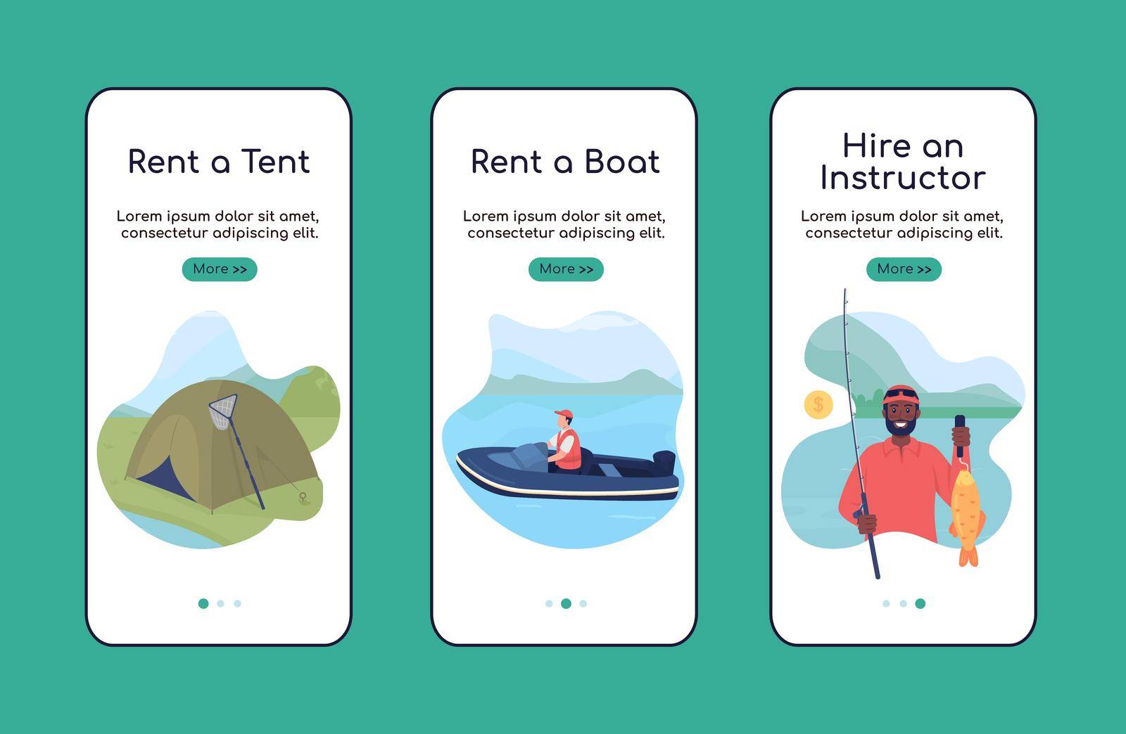 Learning to fish onboarding mobile app screen flat vector template. Hobby activity. Walkthrough website 3 steps with characters. Creative UX, UI, GUI smartphone cartoon interface, case prints set