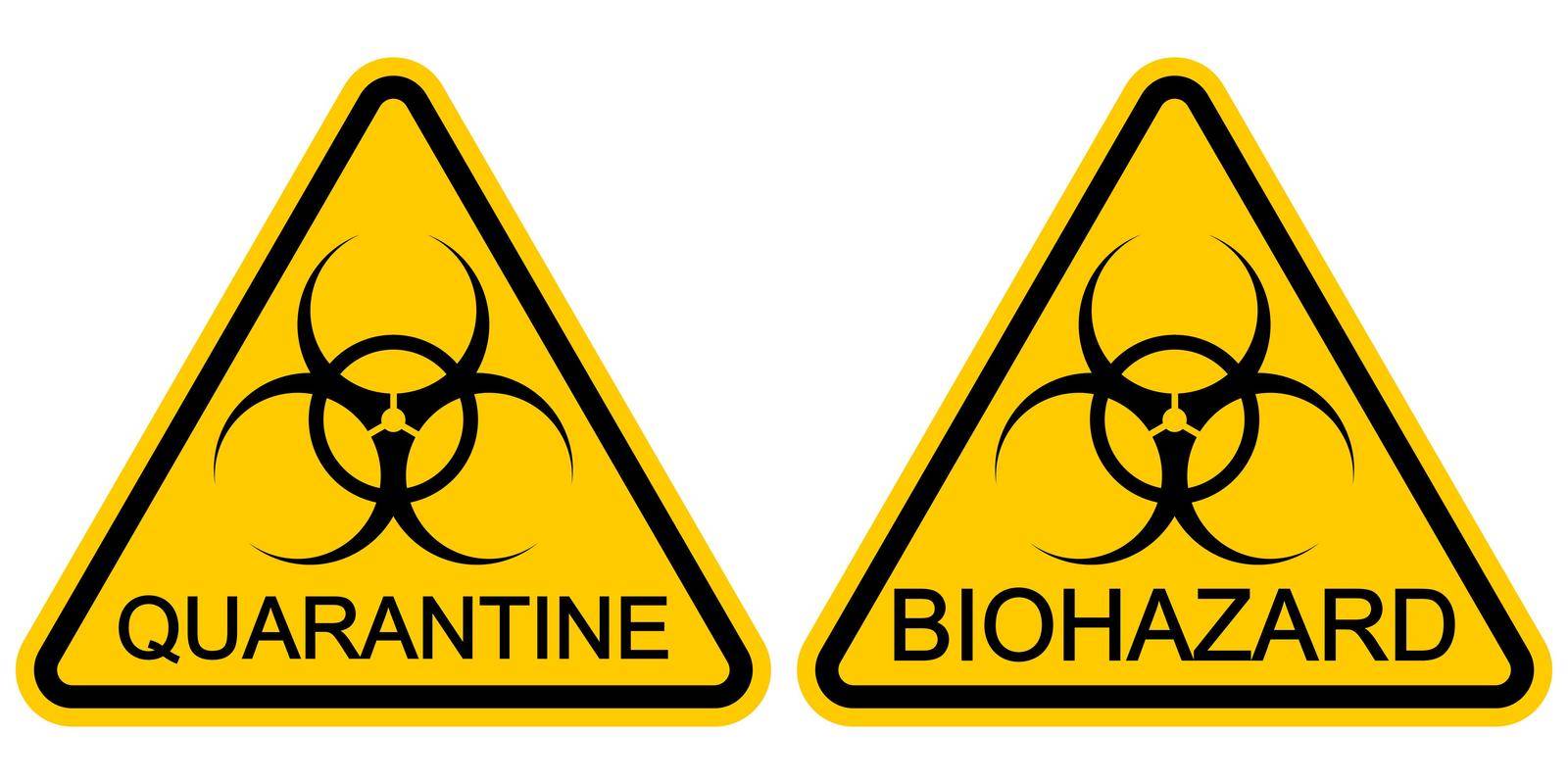 Yellow triangular sign warning of quarantine SARS COVID 19 coronavirus, vector danger biohazard pneumonia protection symbol