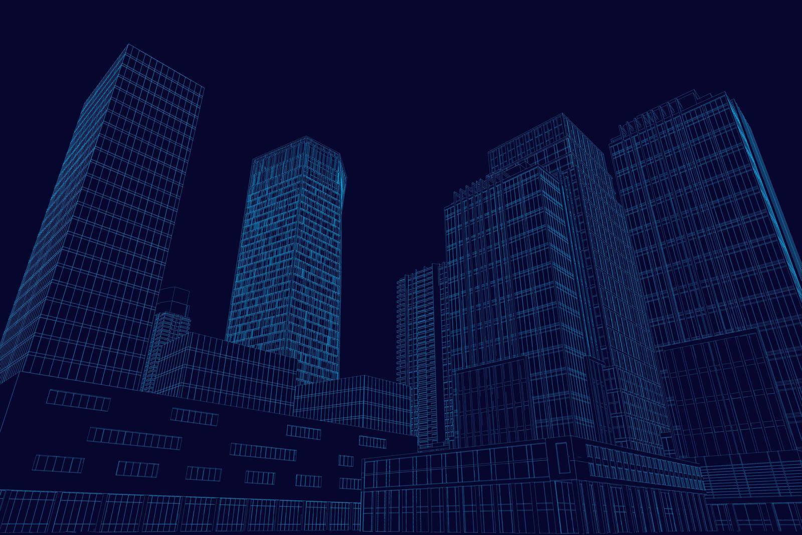 Wireframe city with skyscrapers from blue lines isolated on dark background. 3D. Vector illustration by Slim3D