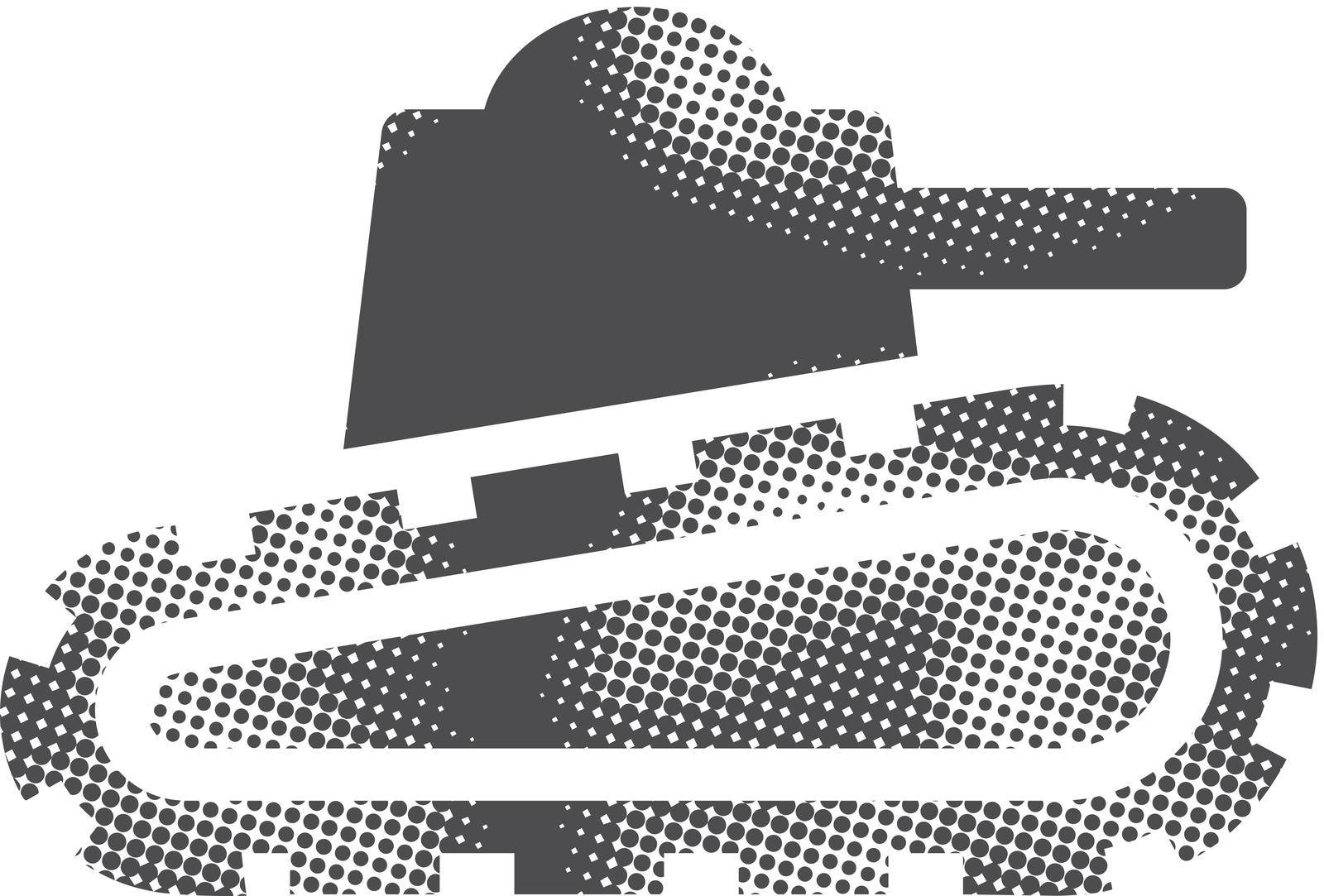 Army battle tank icon in halftone style. Black and white monochrome vector illustration.