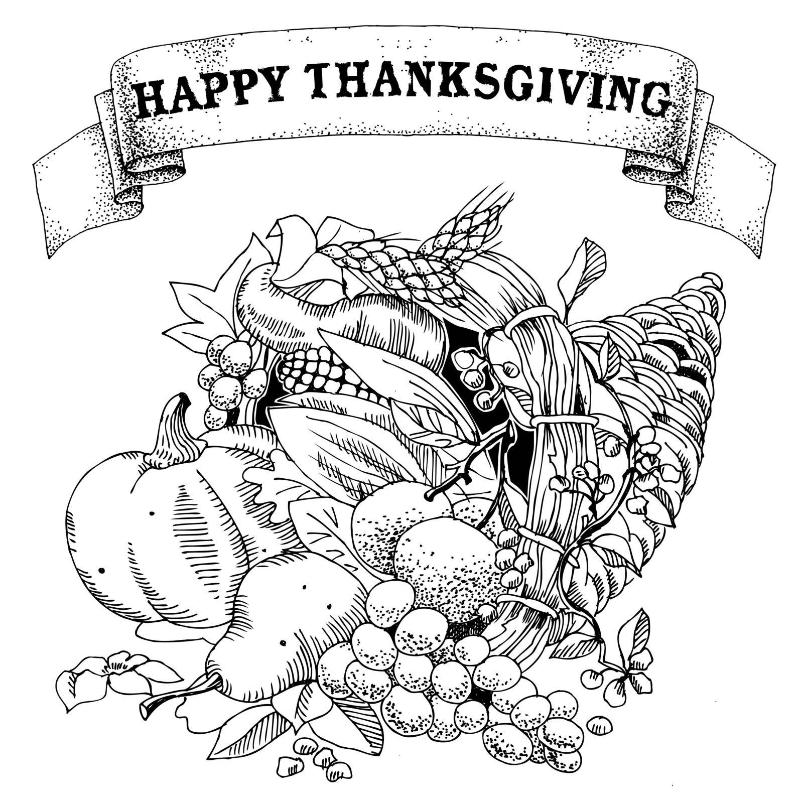 Illustration of a Thanksgiving cornucopia full of harvest fruits and vegetables