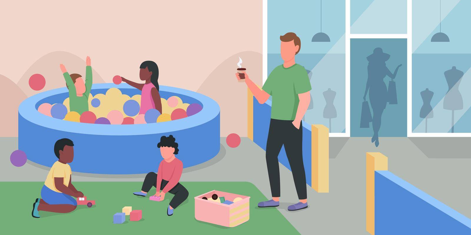 Shopping mall playground flat color vector illustration. Kids having fun in pool with plastic balls. Children and adult supervisor 2D cartoon characters with supermarket playzone on background