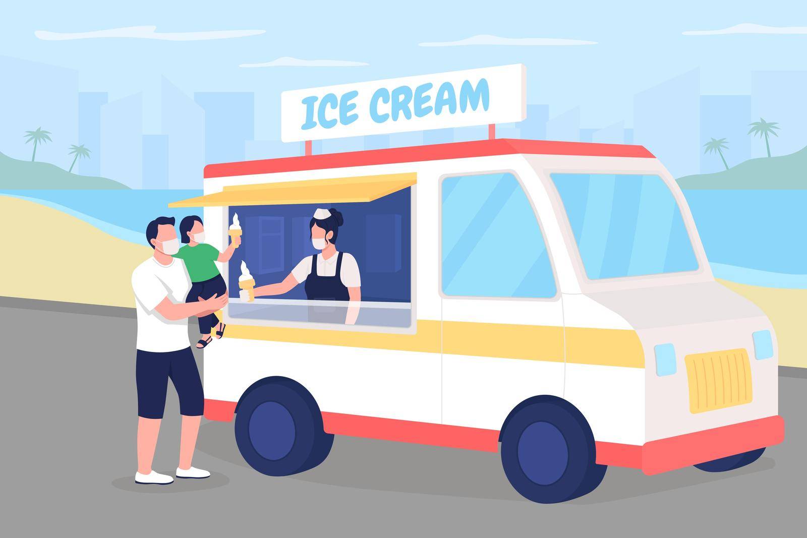 Buying ice cream on beach during pandemic flat color vector illustration. Summer holiday. Sell dessert. Family in face masks 2D cartoon characters with summertime seascape on background