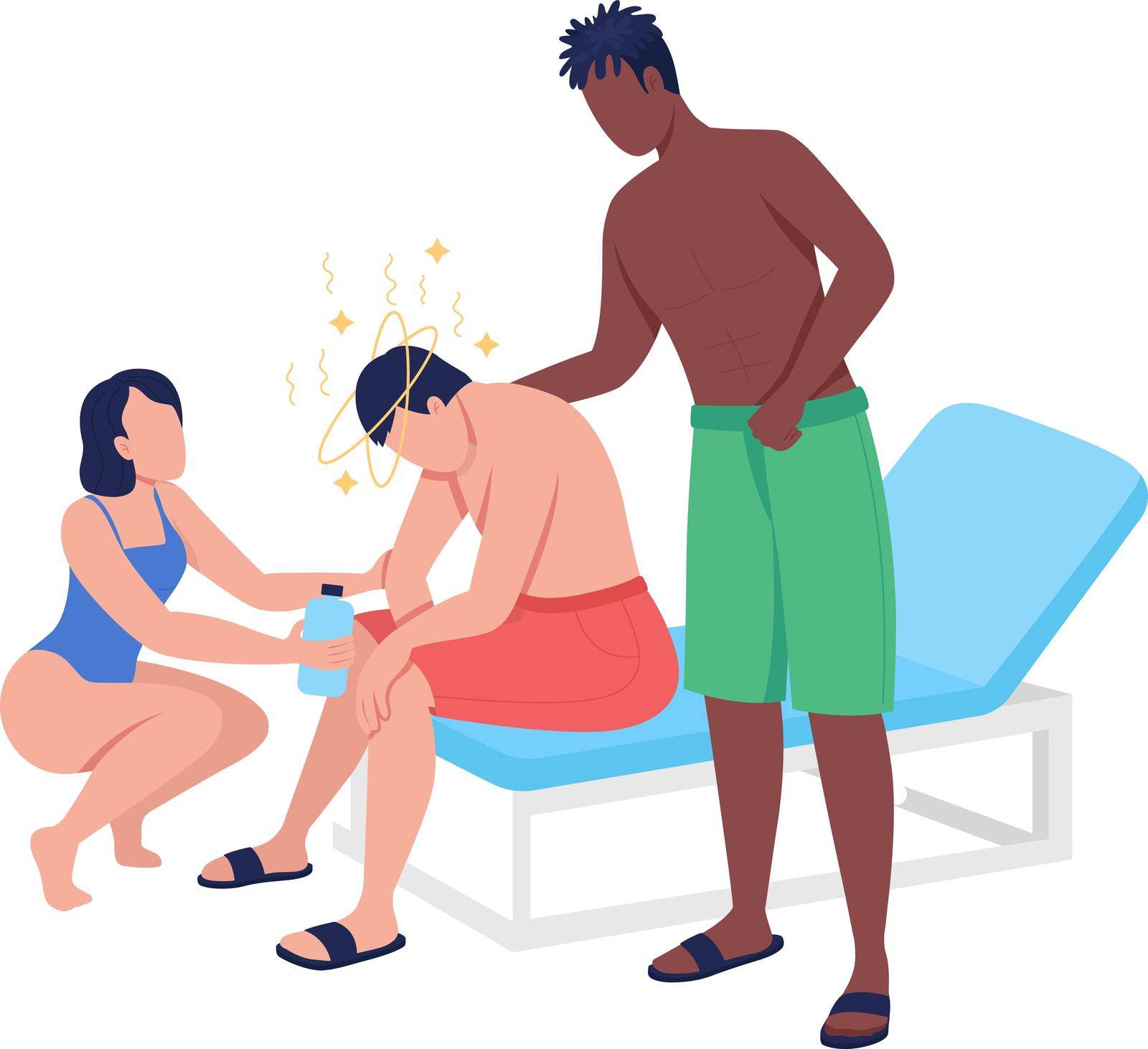 Heatstroke condition semi flat color vector characters. Figures providing first aid. Full body people on white. Hot weather isolated modern cartoon style illustration for graphic design and animation