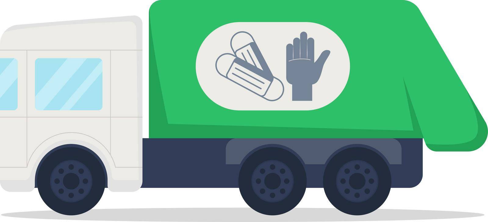 Truck for medical waste semi flat color vector object. Dustbin lorry. Garbage vehicle collects disposable masks, gloves isolated modern cartoon style illustration for graphic design and animation