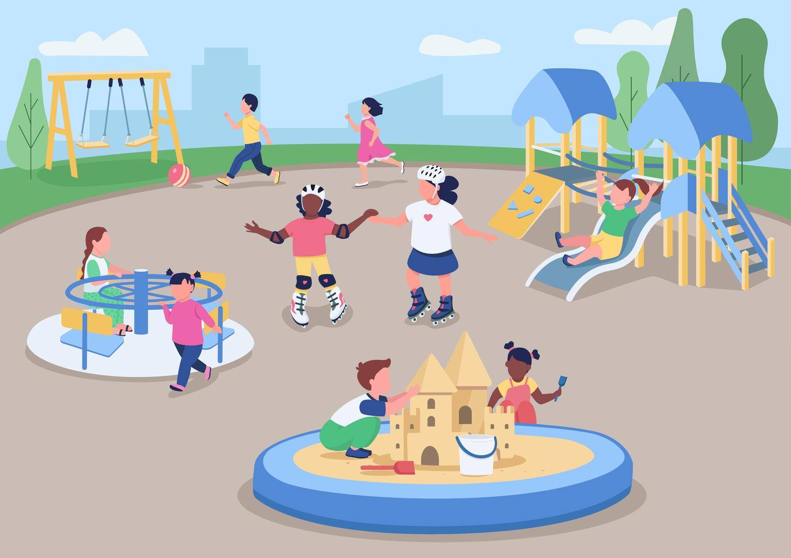 Outdoor playground flat color vector illustration. Kids having fun outside. Preschoolers playing together. Kindergarten ground 2D cartoon characters with urban landscape on background